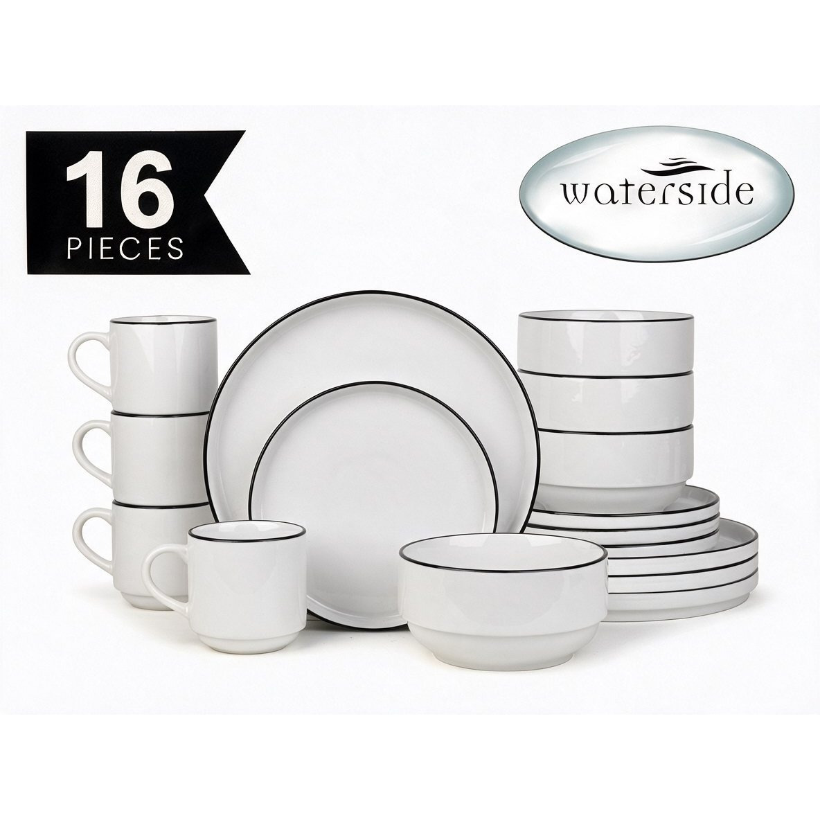 TEMU ** New ** Pieces - 16pc Waterside Black Rim Stackable Porcelain Dinner Set; 4 Dinner Plates, , Bowls And Mugs - Dishwasher & Microwave Safe