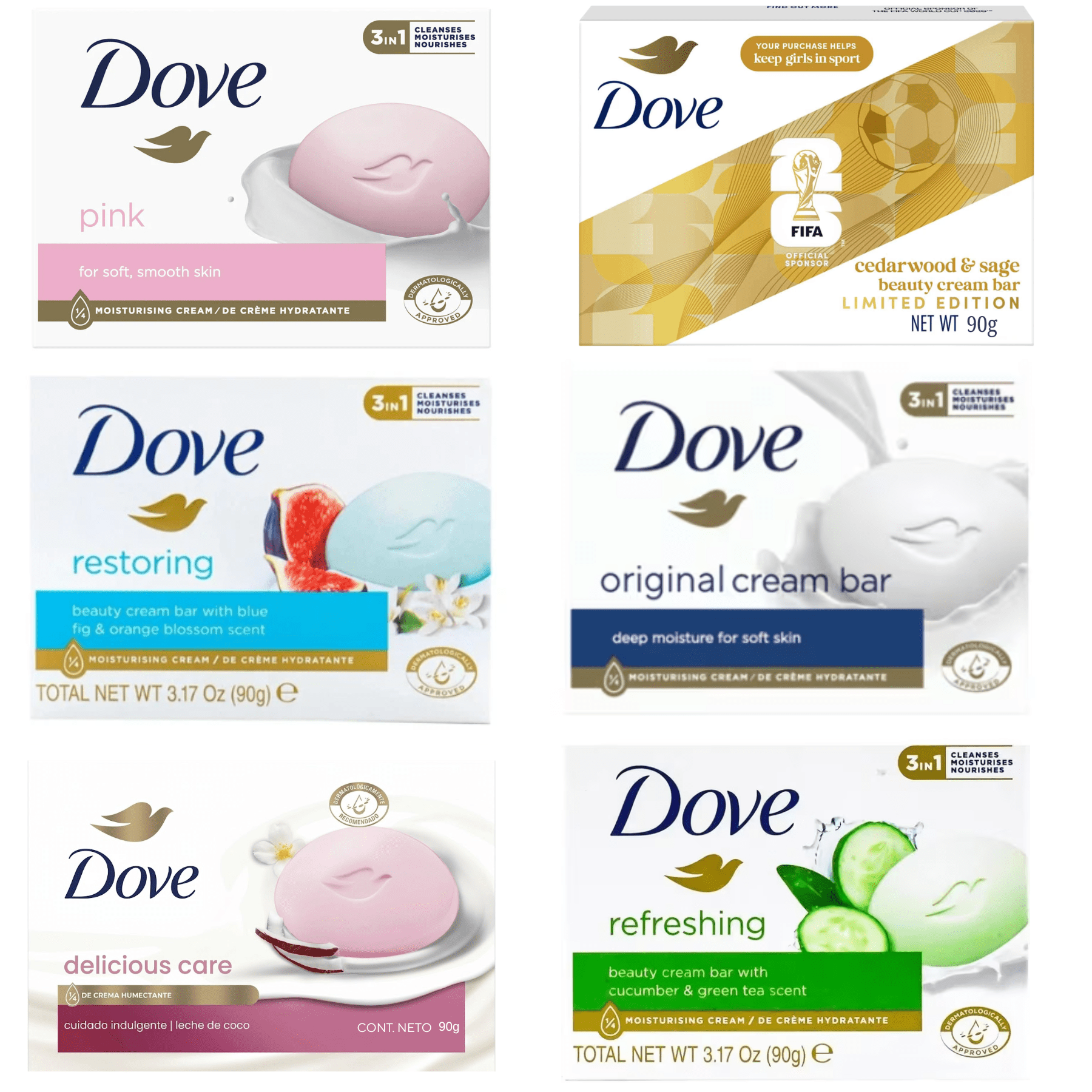 TEMU 6 X Dove Moisturising Soap 90g Mix - Original Cream, Pink, Restoring, Relaxing / , & Sage & / Revigorante