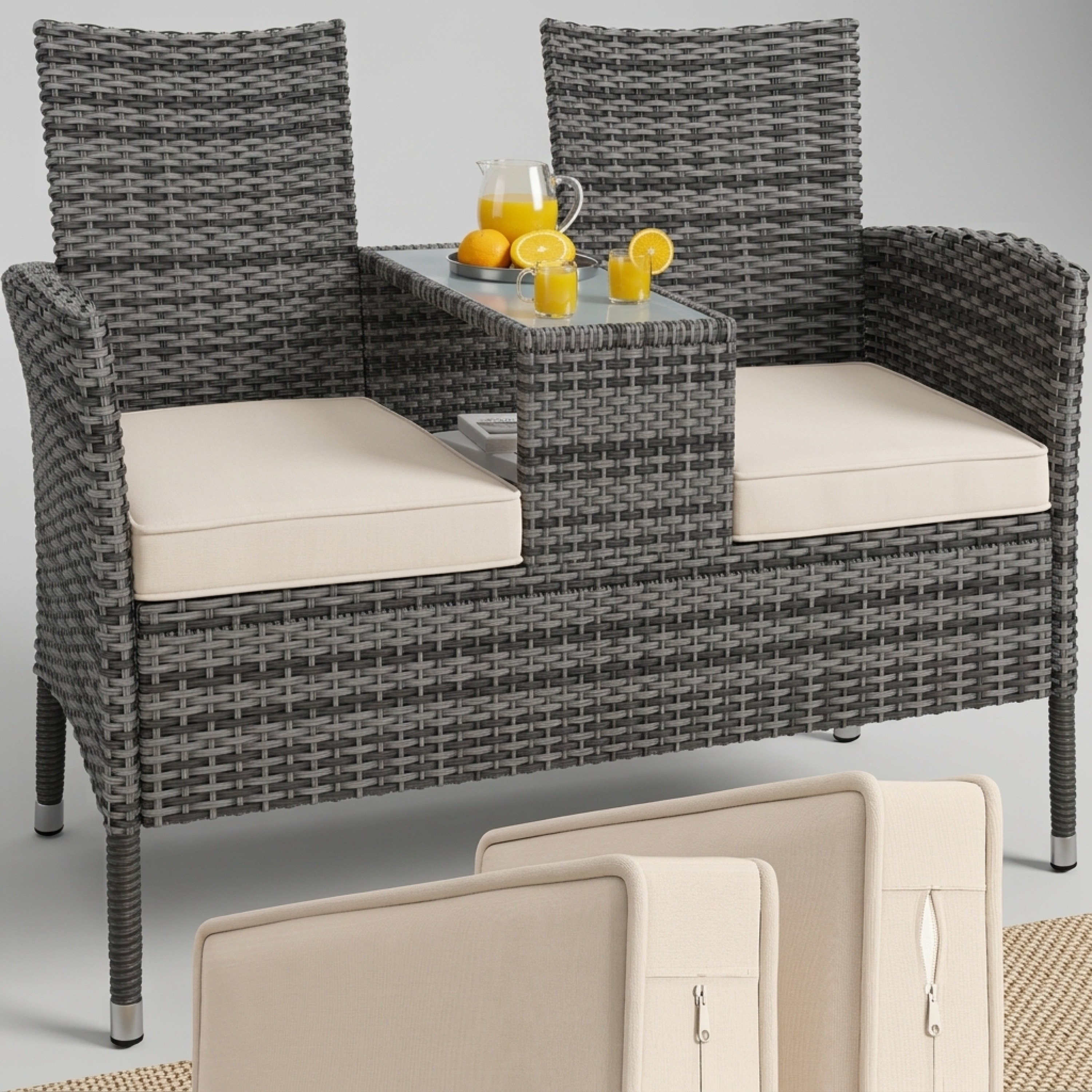 Image of 2-seater Garden Bench, Weatherproof, 143x55cm, Supports Up To 320kg, Includes Table Shelf, Uv-resistant, For Garden And Balcony, Loveseat, Cream