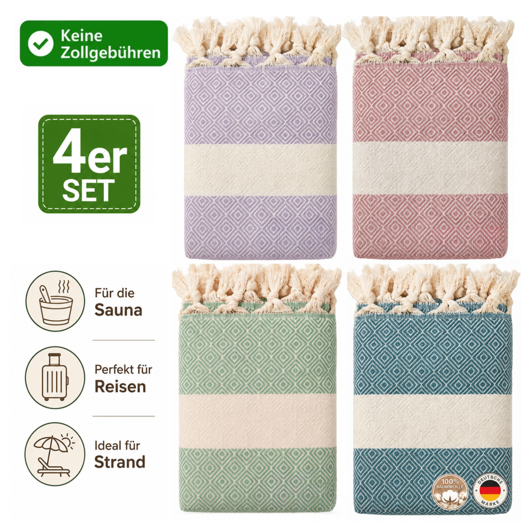 Image of 4-piece Xxl Sauna Towel Set Made From 100% Turkish Cotton – Quick-drying, Sand-repellent & Versatile, Sauna Towels, Beach & Hammam Towel In A Family Set