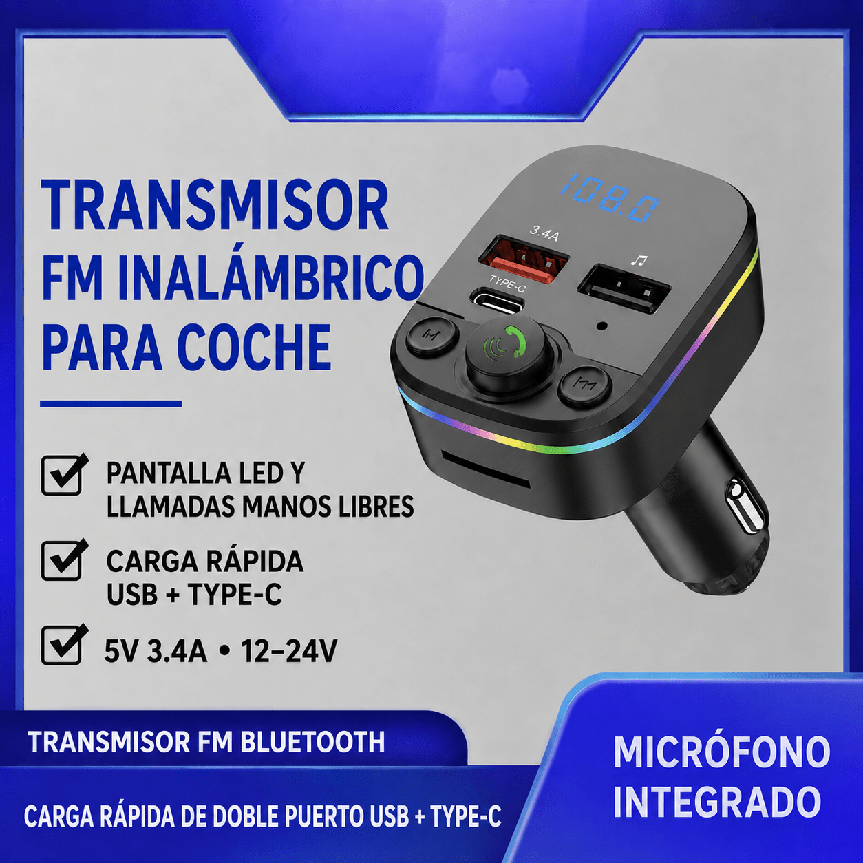TEMU Cargador de Coche para Toma de , USB y USB-C/Type- Carga Rápida y Transmisor FM, Puerto para Móvil y Dispositivos USB, Accesorio para Coche, SUV