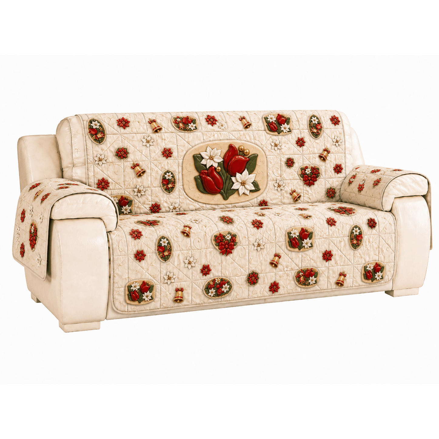 TEMU 3-seater Sofa Cover With Red Tulip Design, Quilted Reversible Slipcover (1 Side Printed - 1 Side Solid Color Reversible | Non-slip With Armrests