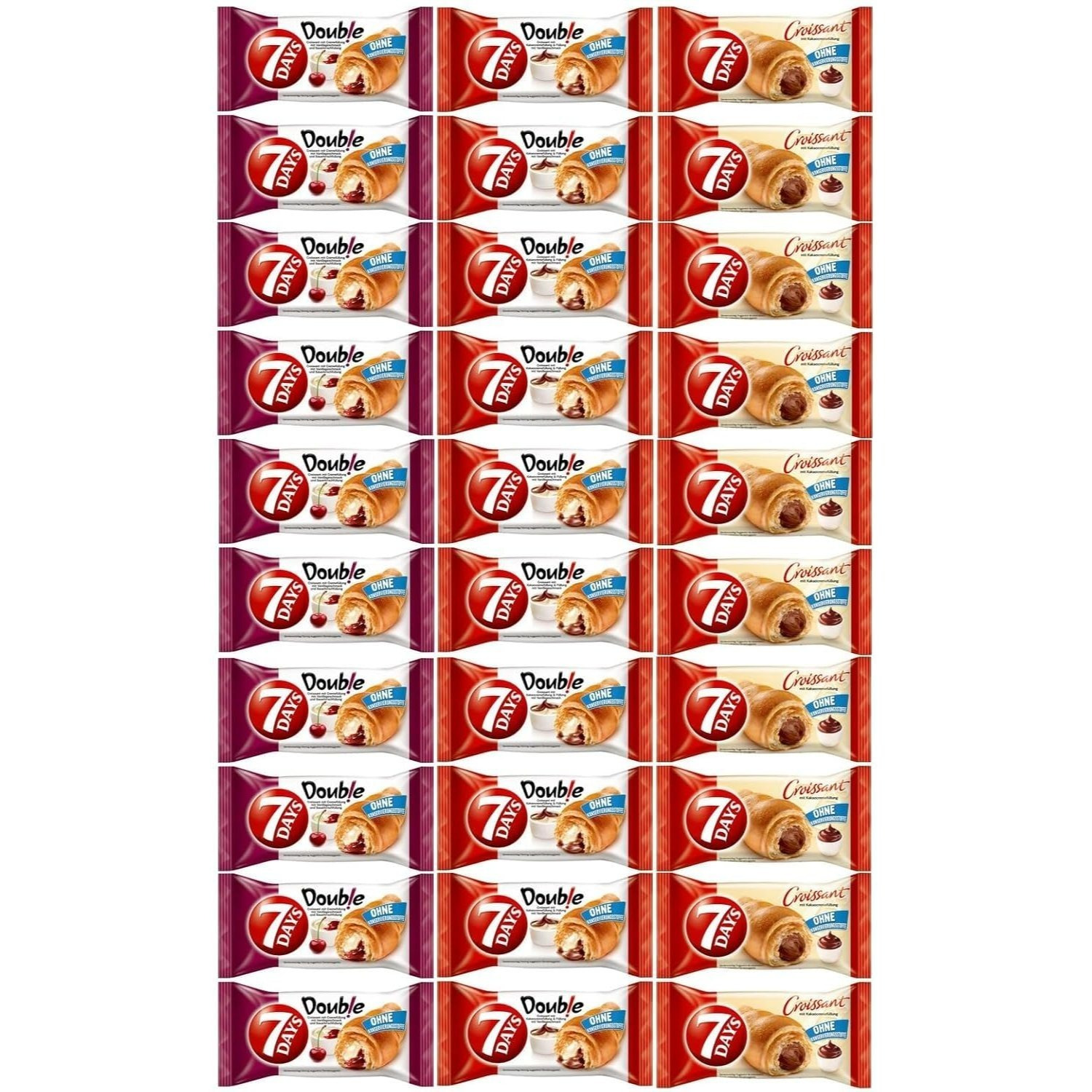 Image of 30 Packs Of 7days Croissant Mix In 3 Varieties, 60g Each: 10 X 7days Vanilla/sour Cherry, 10 X 7days Cocoa Cream, 10 X 7days Vanilla/cocoa