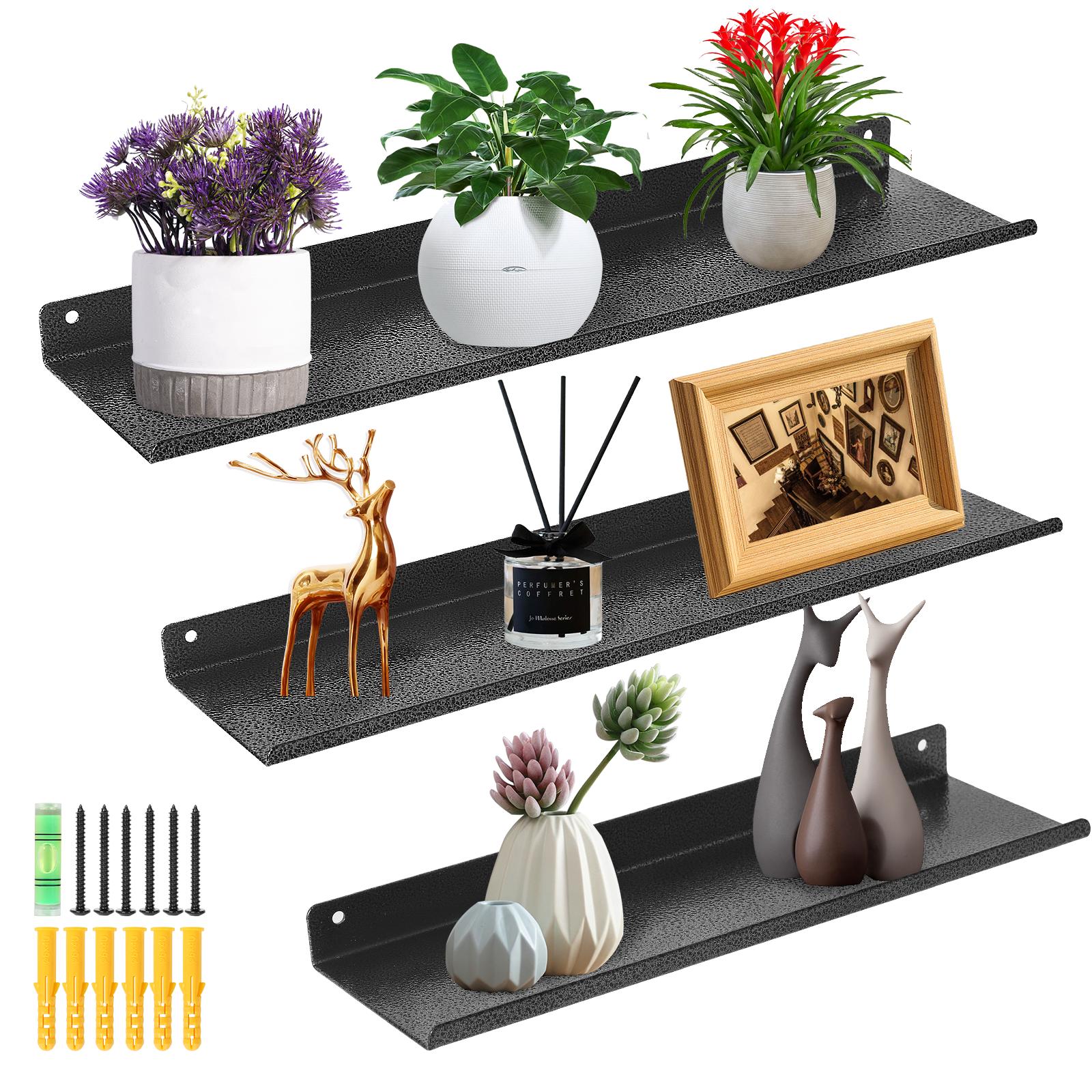 Image of Metal Wall Shelves, Set Of 3, Floating Shelves, , Wall Shelves For Books, Bedroom, Kitchen, Bathroom, Living Room, Layouts, Black