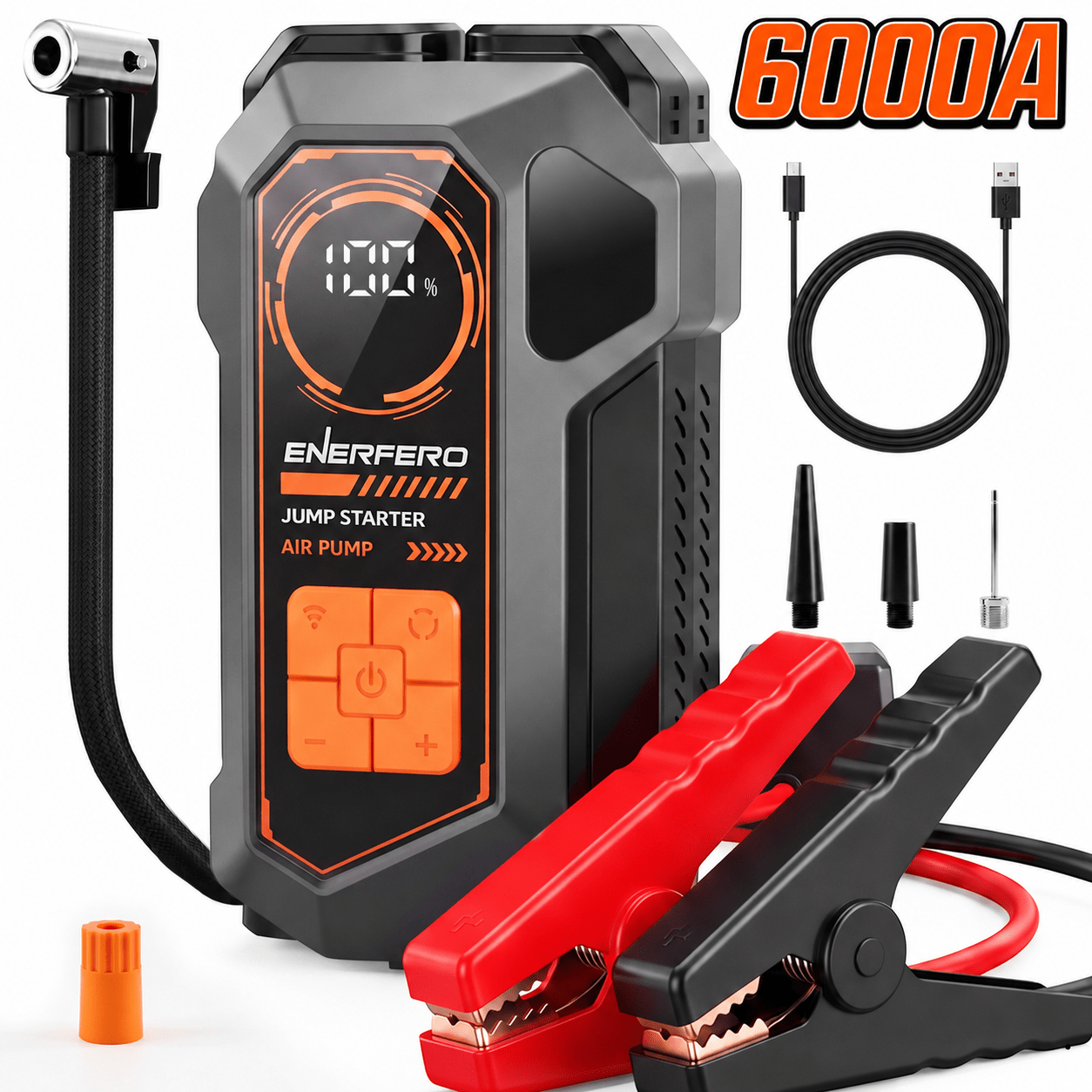 TEMU Arrancador de Batería para Coche 6000A con Compresor de Aire Portátil, Inflador Digital con Parada Automática, Power Bank USB-C/USB-A y Linterna