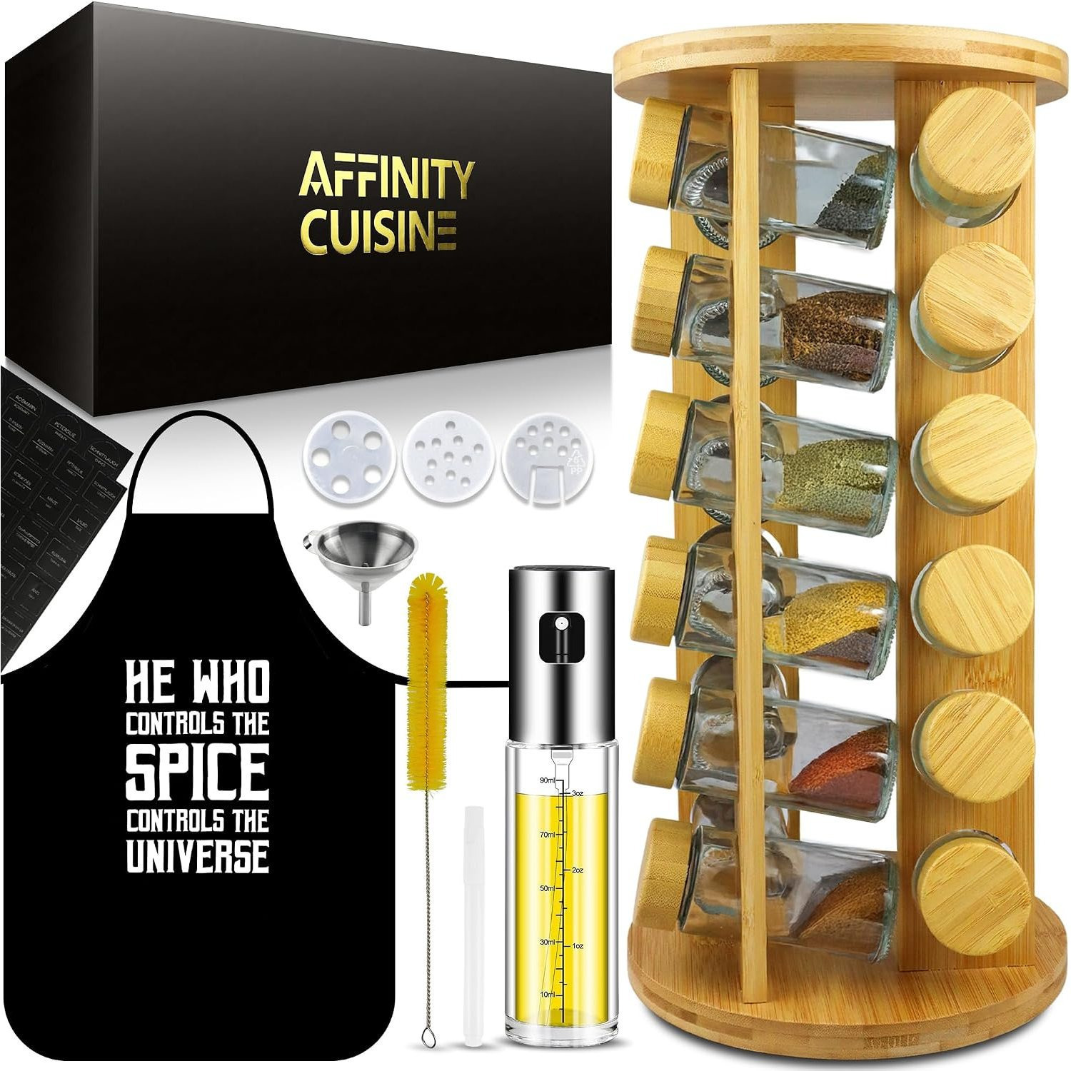 Image of Rotary Bamboo Spice Rack 360° + 24 Glass Jars 120ml | Kitchen Organizer Set + Oil Spray, Apron, Labels, And Accessories