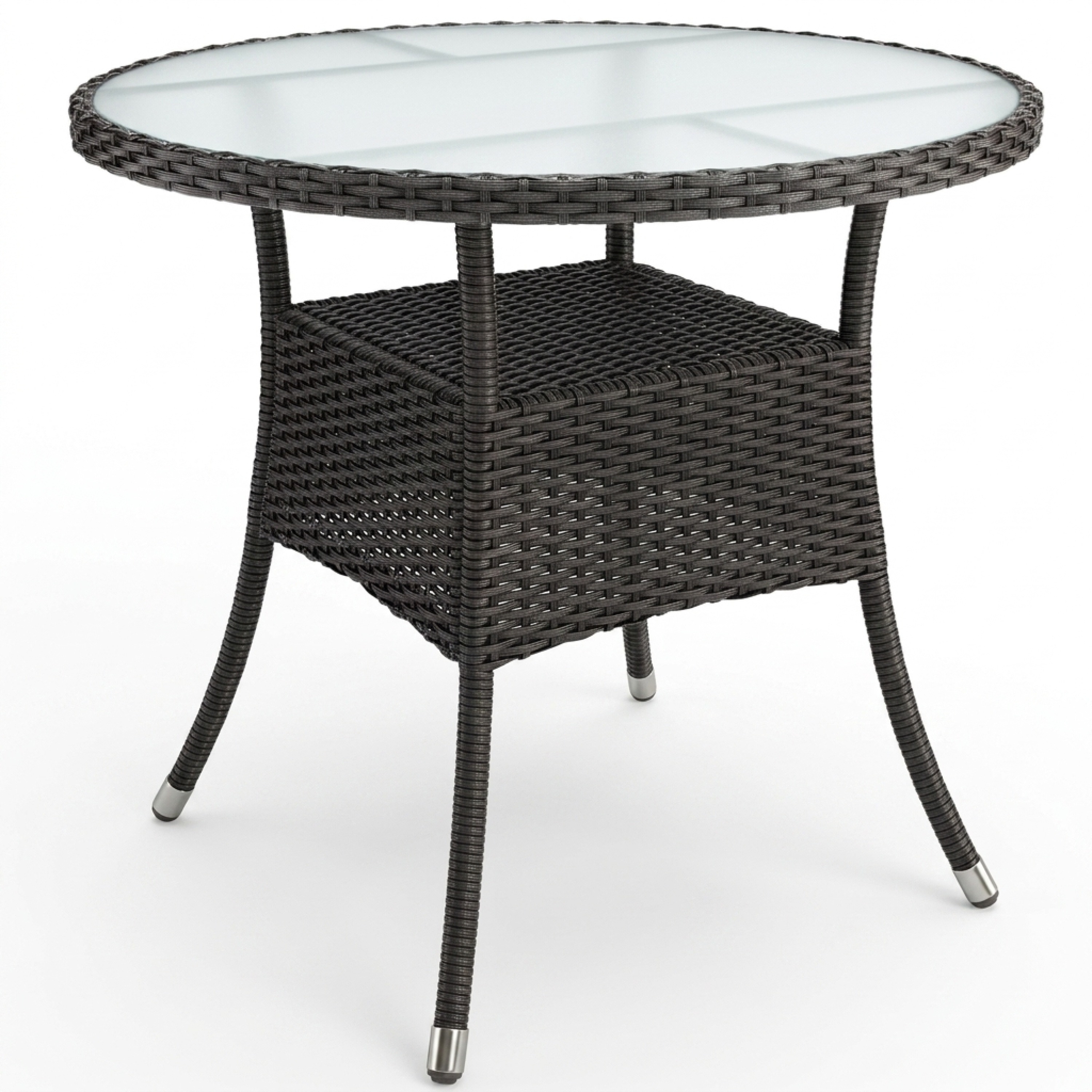 Image of Polyrattan Garden Table, 80 Cm Round, Black, Height Adjustable, 5mm Safety Glass, 80kg Load Capacity, Weatherproof, Table, Side Table, Furniture, Terrace, Balcony, Garden