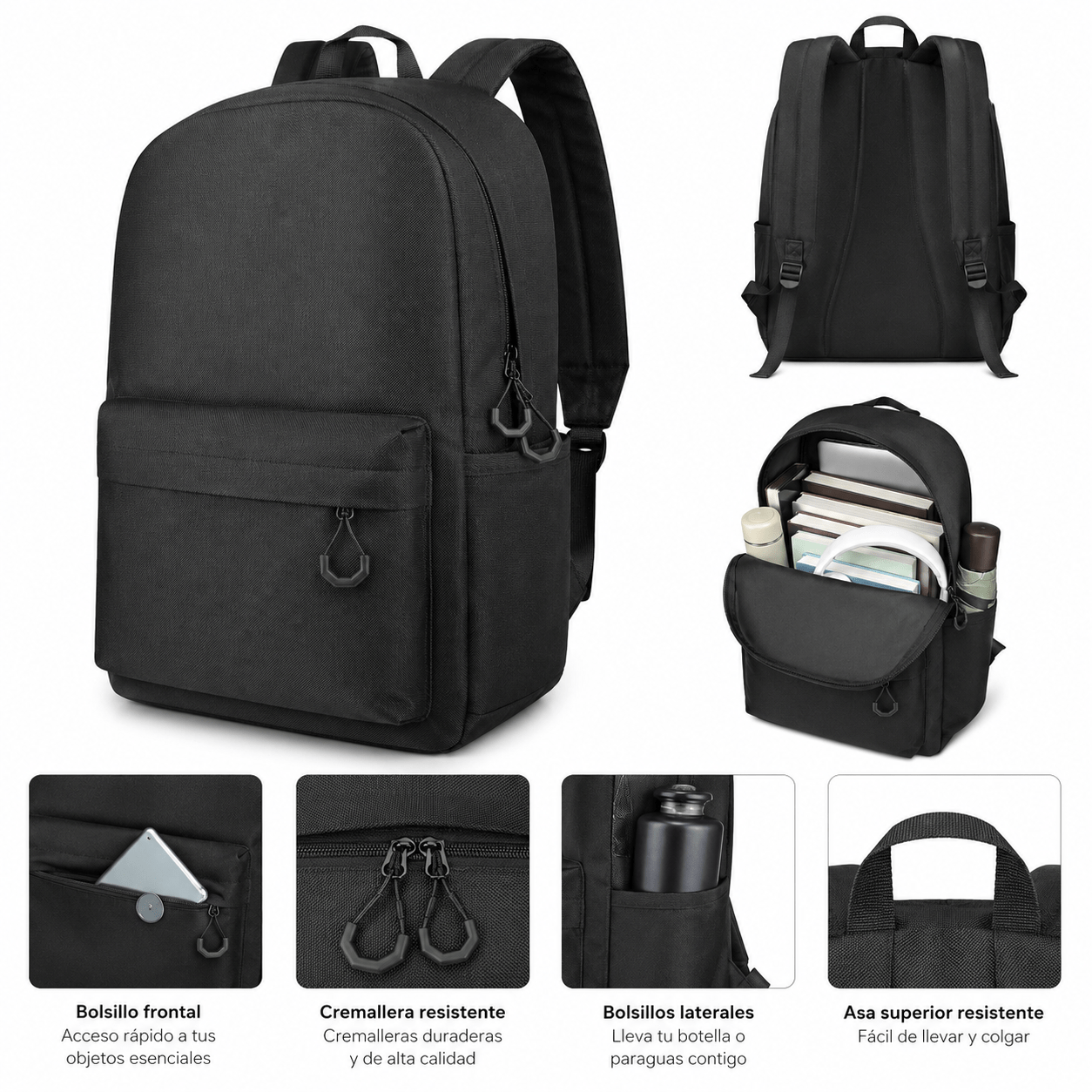 TEMU Mochila Escolar Negra de Gran Capacidad, Mochila Juvenil con Compartimentos y Bolsillos para Botellas, Mochila para Colegio, Instituto y Uso