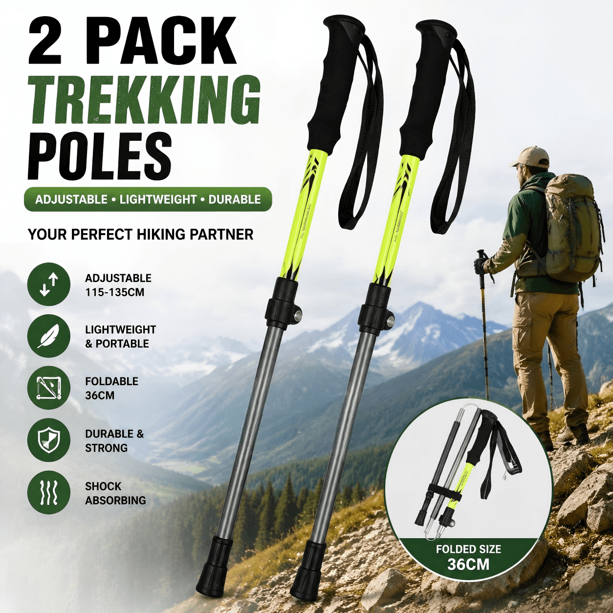 TEMU 2pcs Trekking Poles, Black, 53in – Lightweight Collapsible Hiking Sticks Lock, Eva Grip & Accessories, For Travel, Trails & Balance