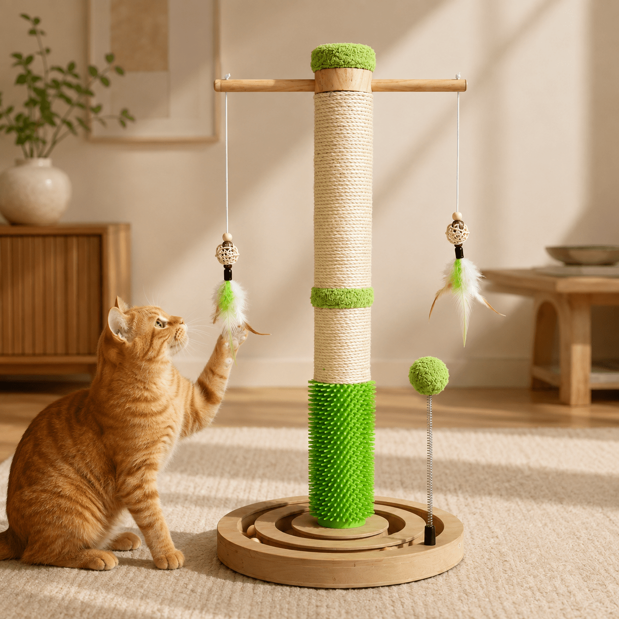 TEMU Rascador para Gatos con Poste de Sisal Natural, Cepillo de Masaje, Juguetes de Plumas, Pelota con Muelle y Circuito de Bolas con