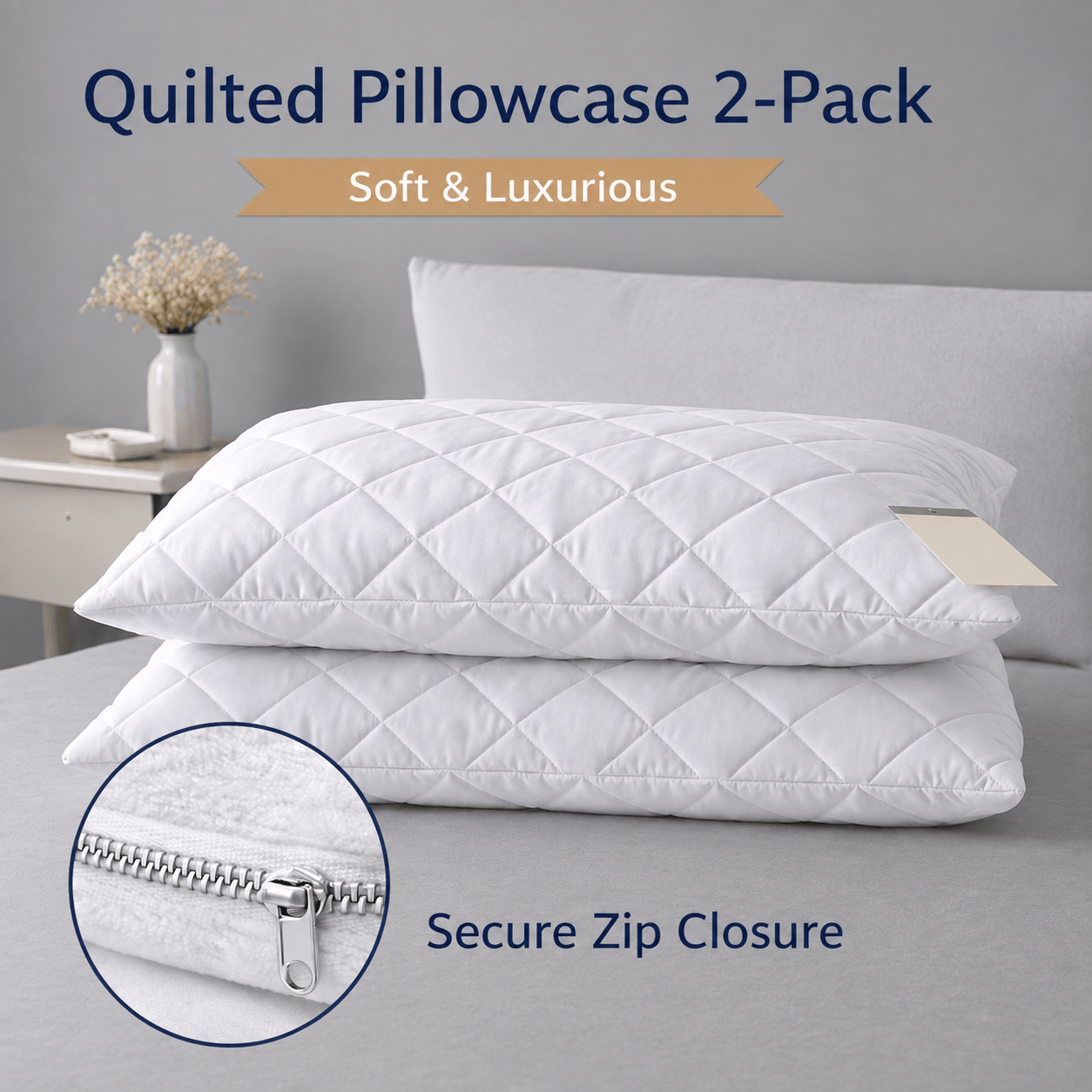 TEMU Fundas de Almohada Acolchadas Pack 2, Microfibra Blanca con Relleno de Guata, Cierre de Cremallera, Confort y Soporte, 50 x 75 cm