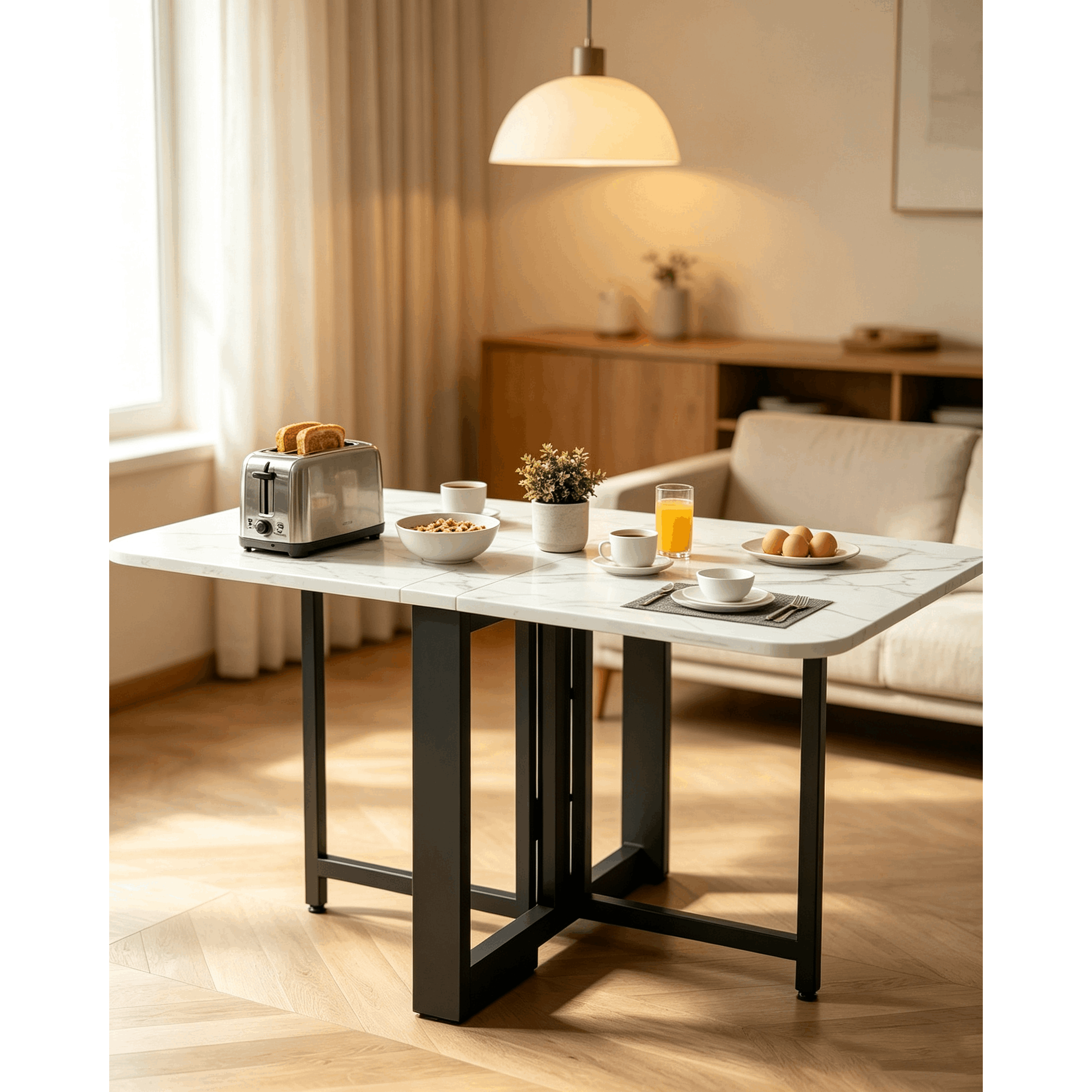 Image of Foldable Wall-mounted Dining Table With A Movable Design, Featuring A Marble Tabletop And A Black Metal Frame—ideal For Homes And Small .