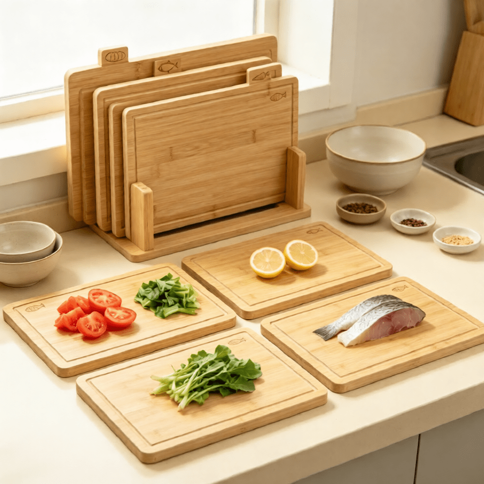 TEMU Bamboo Kitchen Chopping Board Set With Storage Stand, Multi Size Food Preparation Boards For Meat, Vegetables, Fruit , Organised Countertop