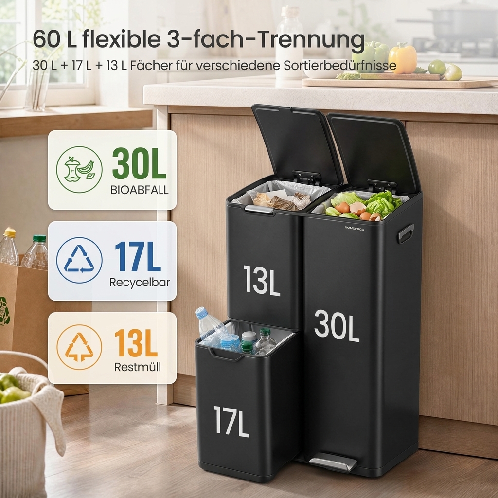 Image of 3-in- Waste Sorting System 60l Step-on Trash Can With 3 Compartments For Waste , Bottle Recycling Bin, Waste Sorting Container, Opening Silent Slow Down, System, 46.7 X 39 X 72cm, Steel
