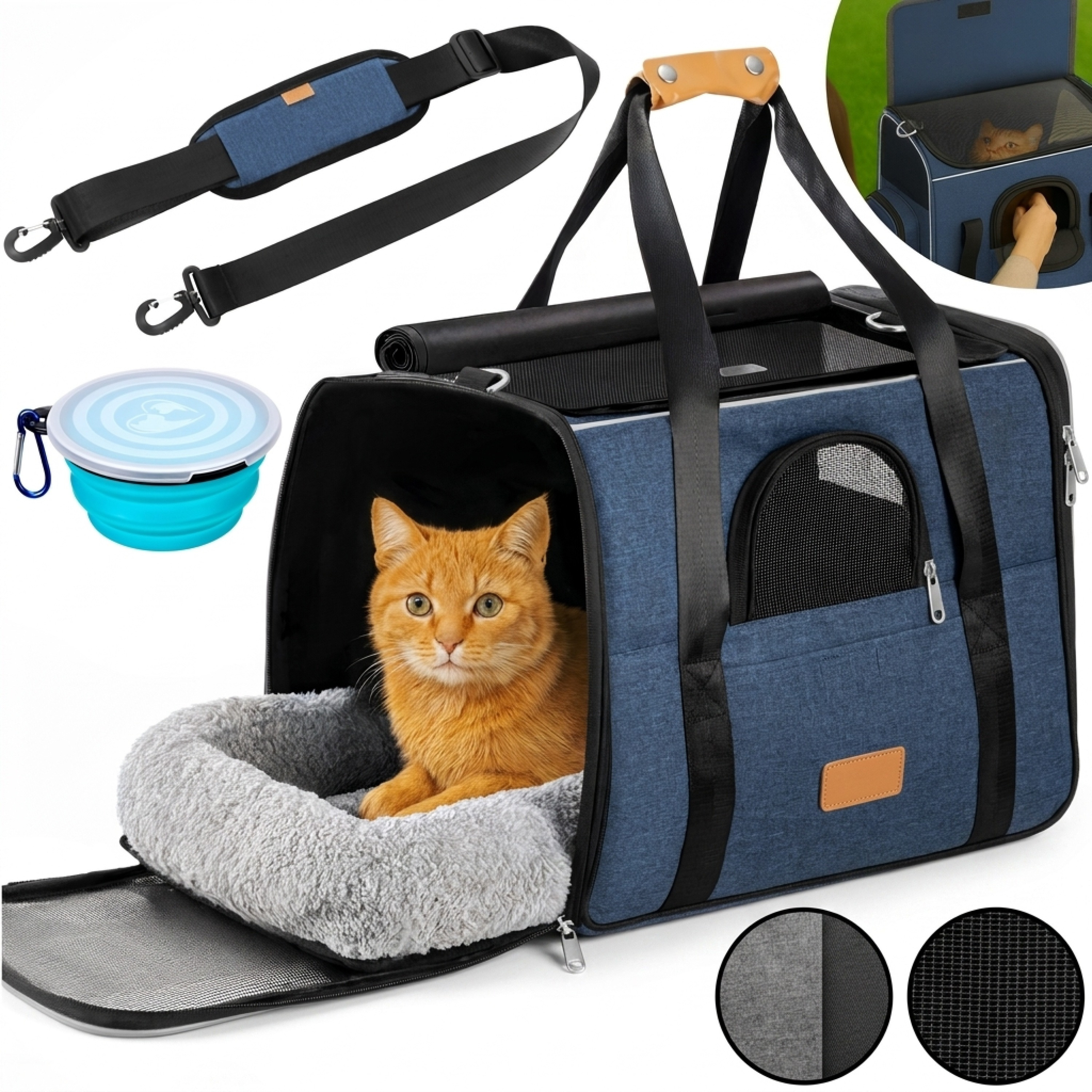 Image of Cat Transport Box, Foldable, Max. 20kg, Shoulder Strap, With Bowl, Breathable, Pet, , Carrying Bag, Dogs, Car, Sun, Rain, Roof, Blue