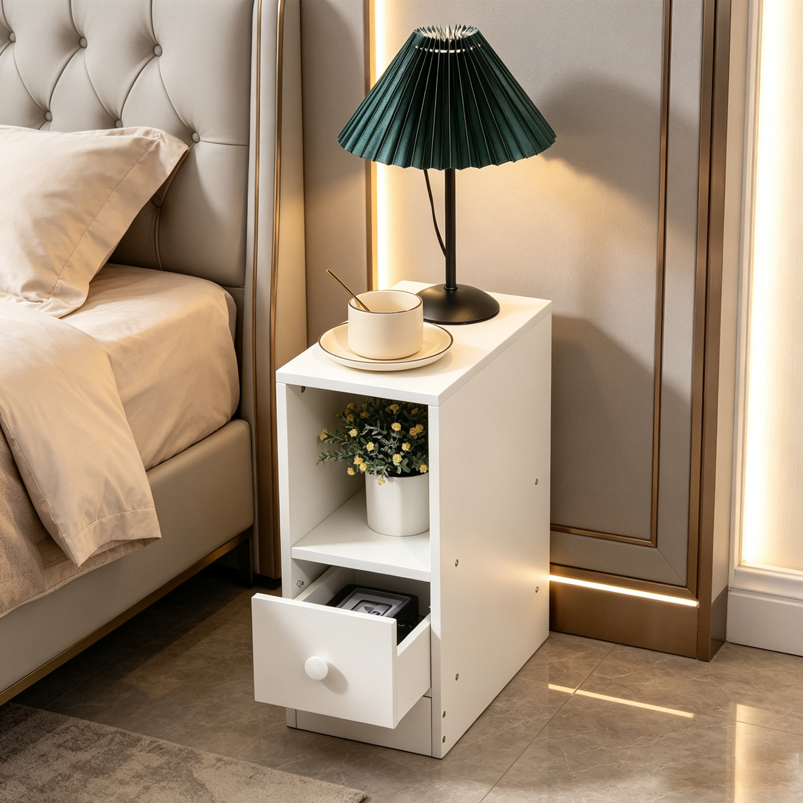 Image of Slim Bedside Cabinet, Narrow Nightstand Side Table, Bedside Table With Drawer & Open Shelf For Bedroom, Living Room Sofa Side End Table