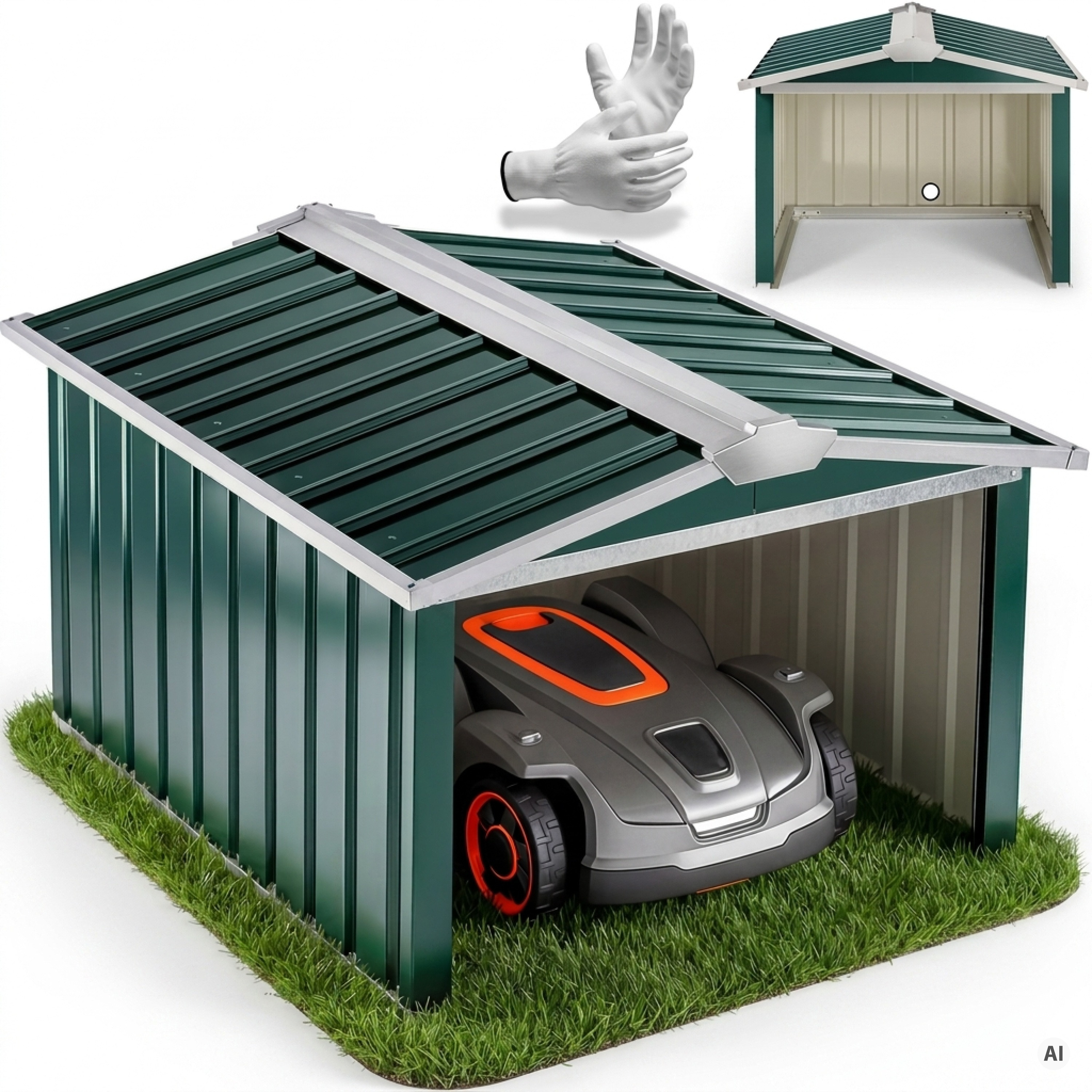 Image of Robotic Lawn Mower Garage 86x100x63cm, Metal, Gable Roof, Weather-resistant, 4x Ground Anchors, Carport, Rain Protection, Sun Protection, Lawn, Garden, Green