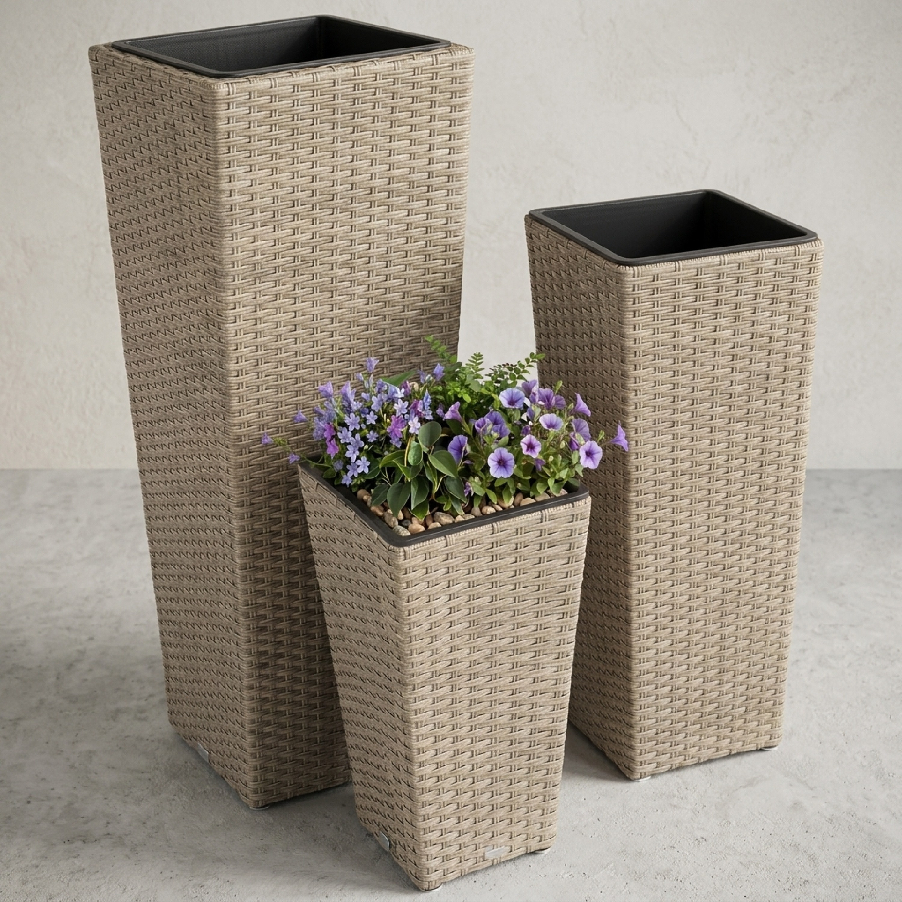 Image of Flower Pot 3pcs Set Polyrattan Wicker Planter With Water Drainage Rattan Optic Outdoor Planter Box Cream
