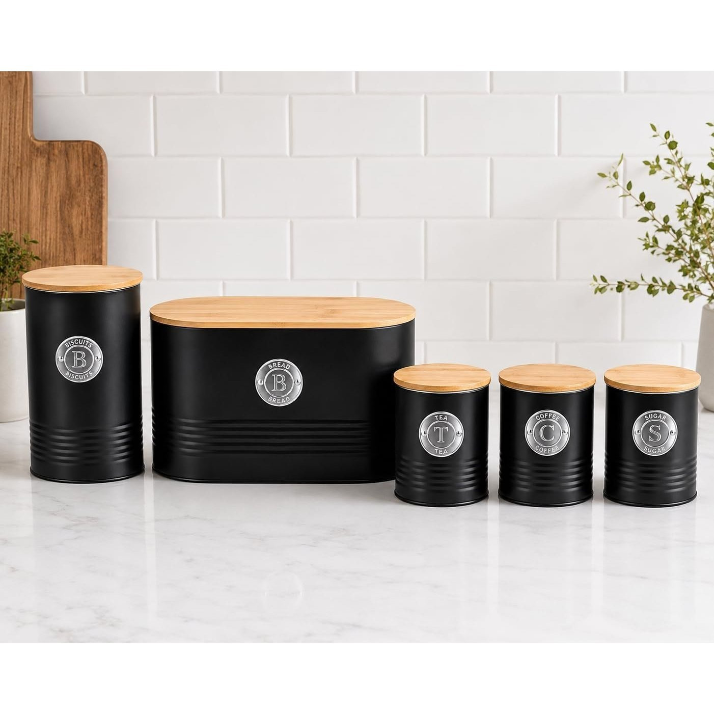 TEMU 5pcs Kitchen Storage Canister Set With Bamboo Lids, Tea Coffee Sugar & Biscuit Containers With Large Bread Bin, Food Storage Tins For Kitchen