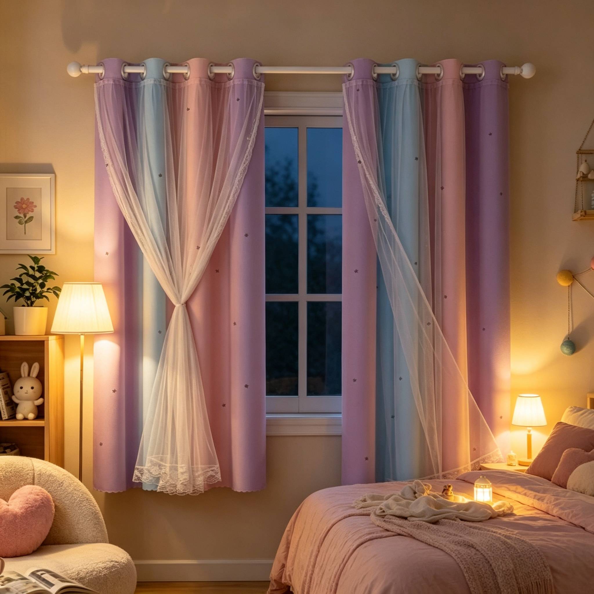 TEMU Double Layer , Pink Purple Gradient Window Curtain For Bedroom, Colorful Privacy Drapes For Room Decor, Decorative Curtain Panel For Window And