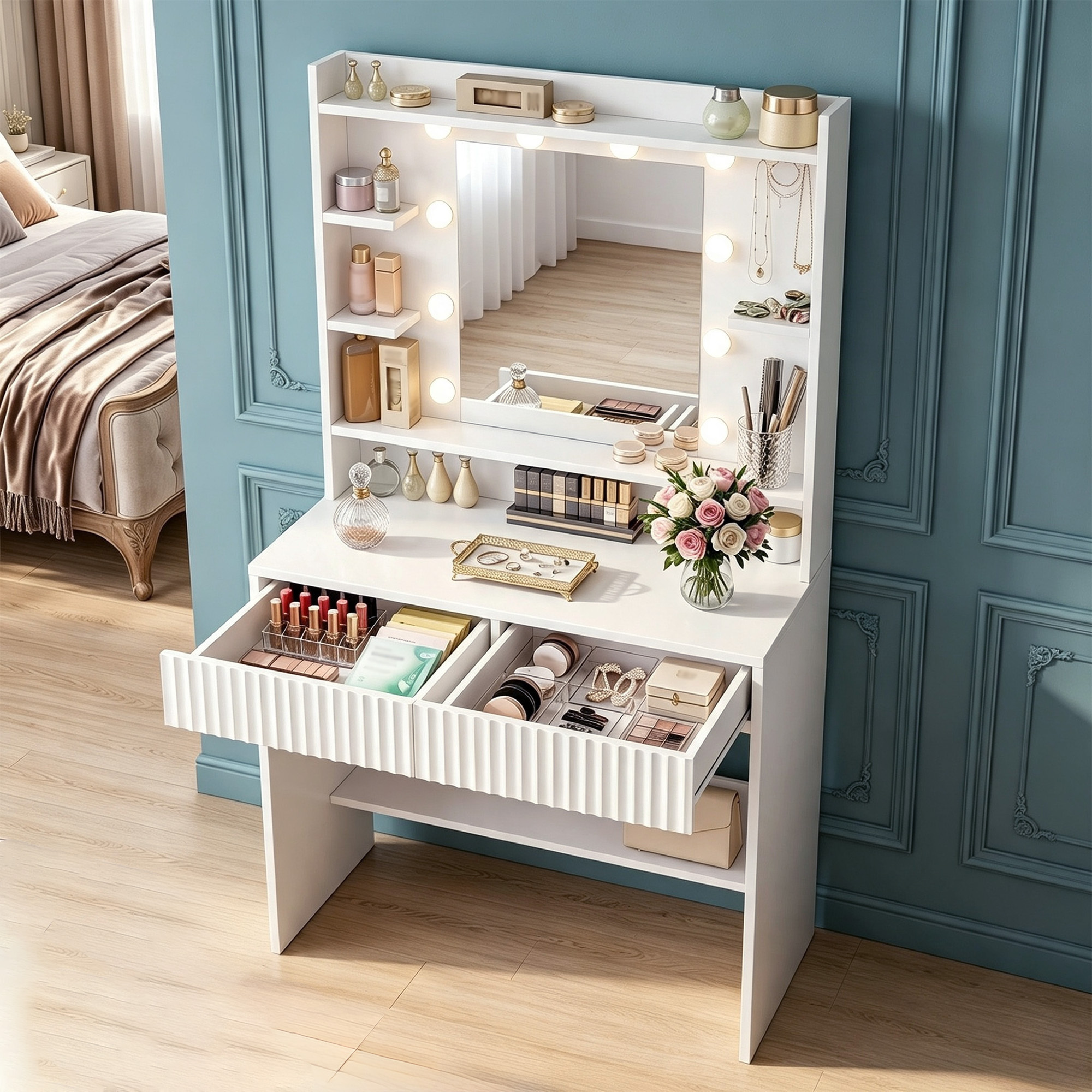 Image of A Vanity Table With Integrated Lighting, Large Storage Capacity, Sturdy, Your Own Personal .