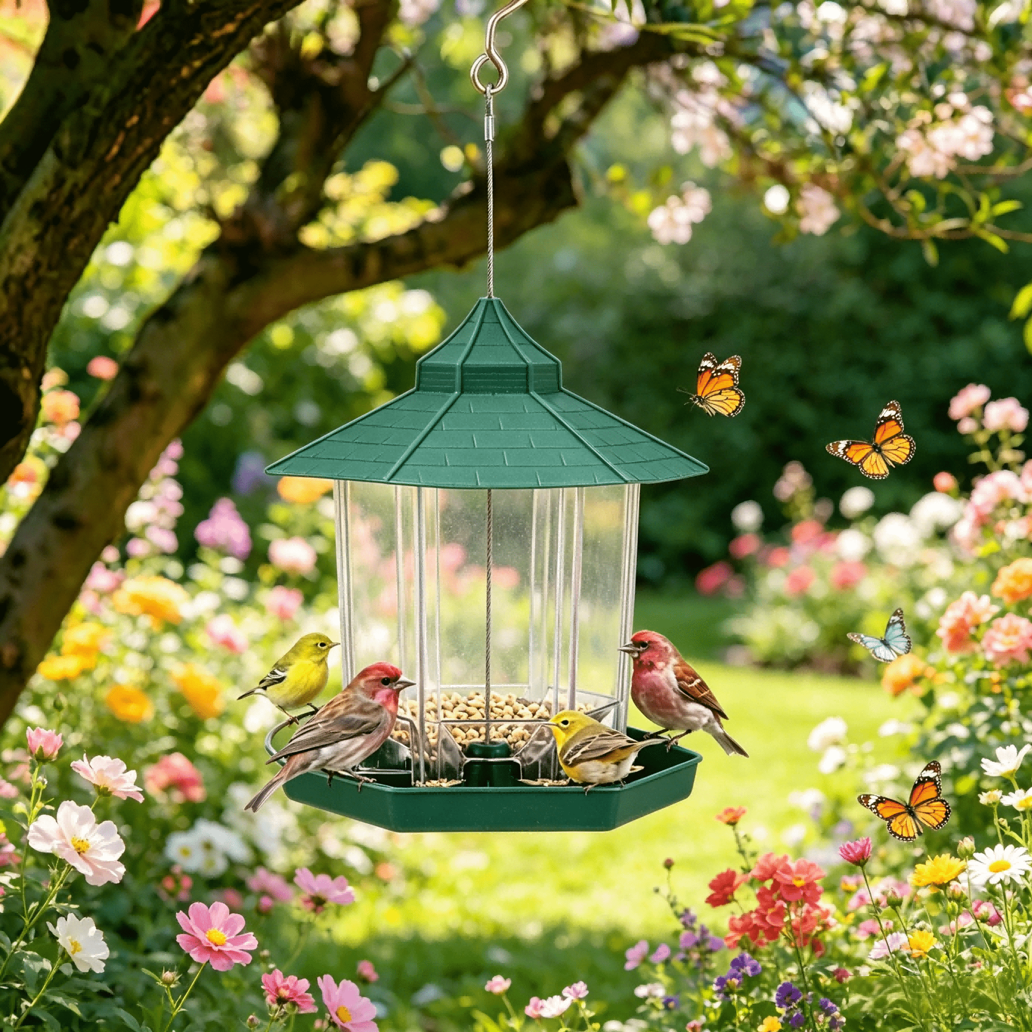 Image of Fully Assembled Hanging Bird Feeder Lantern, Weather‑resistant Plastic Bird Food Feeder With Removable Lid & Seed Catching Tray For Outdoor