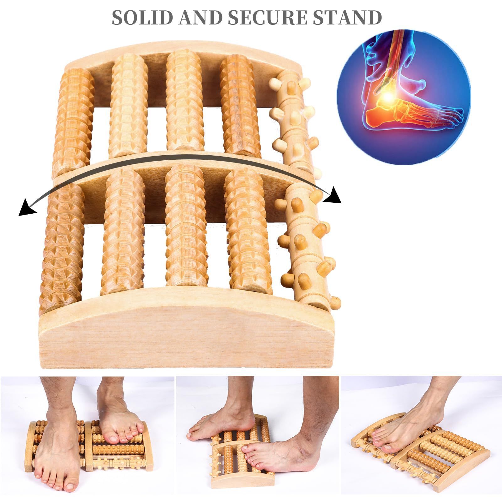 Image of 5‑row Wooden Foot Massager Roller, Reflexology Foot Massage Tool For Foot Pain Relief, , Relax Feet For Home Office Use