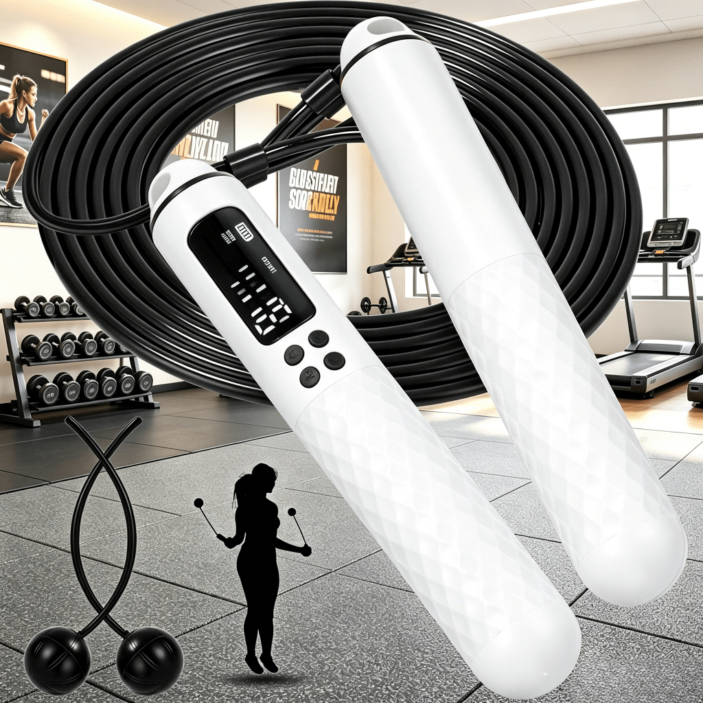 Image of 2‑in‑1 Counting Jump Rope, Lcd Digital Skipping Rope With 4 , 360° Ball Bearing, Adjustable 2.8m Rope & Wireless Weight Balls For Home Workout