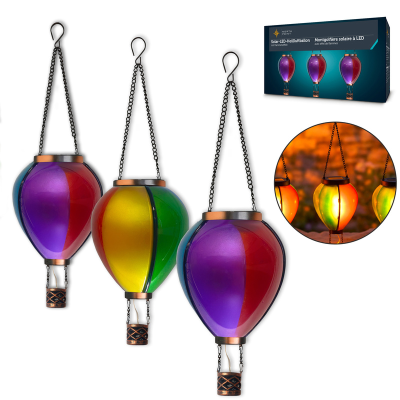 Image of Led Solar Hot Air Balloon 3-piece Set For Garden, Balcony, Terrace, Hanging Solar Light, Colorful Warm White, Flame Effect Or Light, Dusk Sensor, Ip44 Outdoor Light
