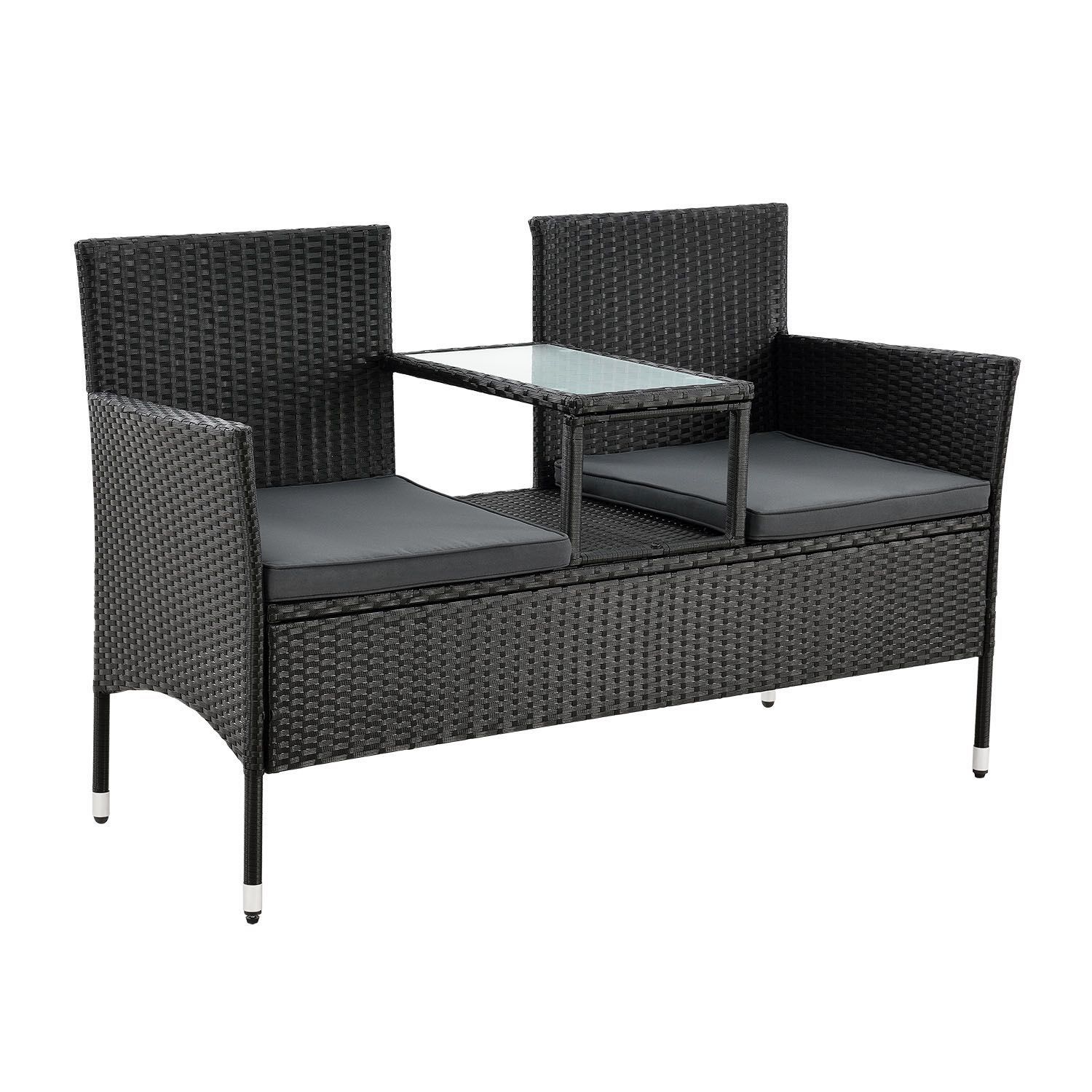 Polyrattan Garden Bench Monaco 2-seater Bench With Table & Cushion 133x63x84 Cm Rattan Seat Bench Weather-resistant Garden Balcony