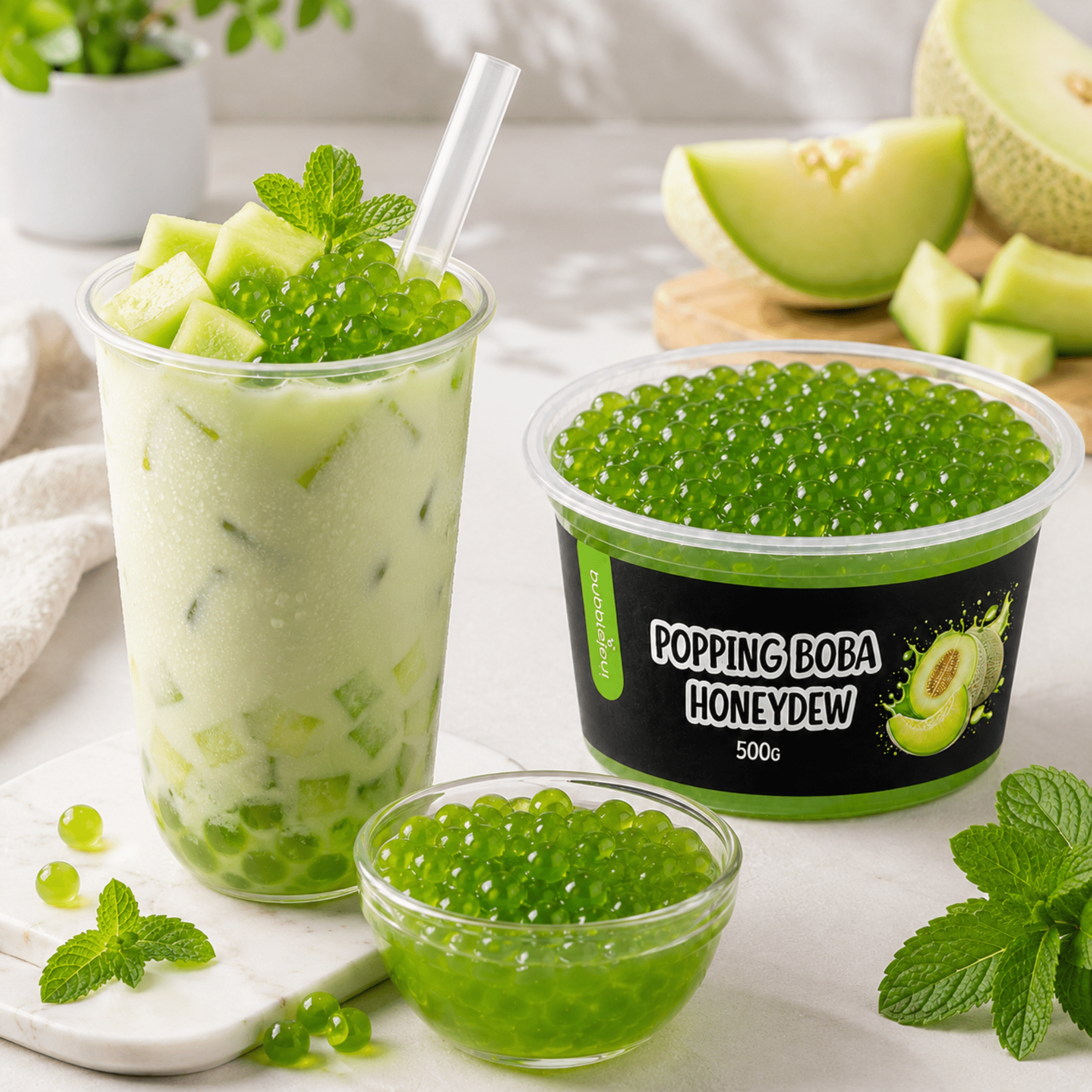 Image of Xxl Popping Boba Honeydew Melon Flavor - Bursting Fruit Pearls For Bubble Tea, Smoothies & Desserts 500g