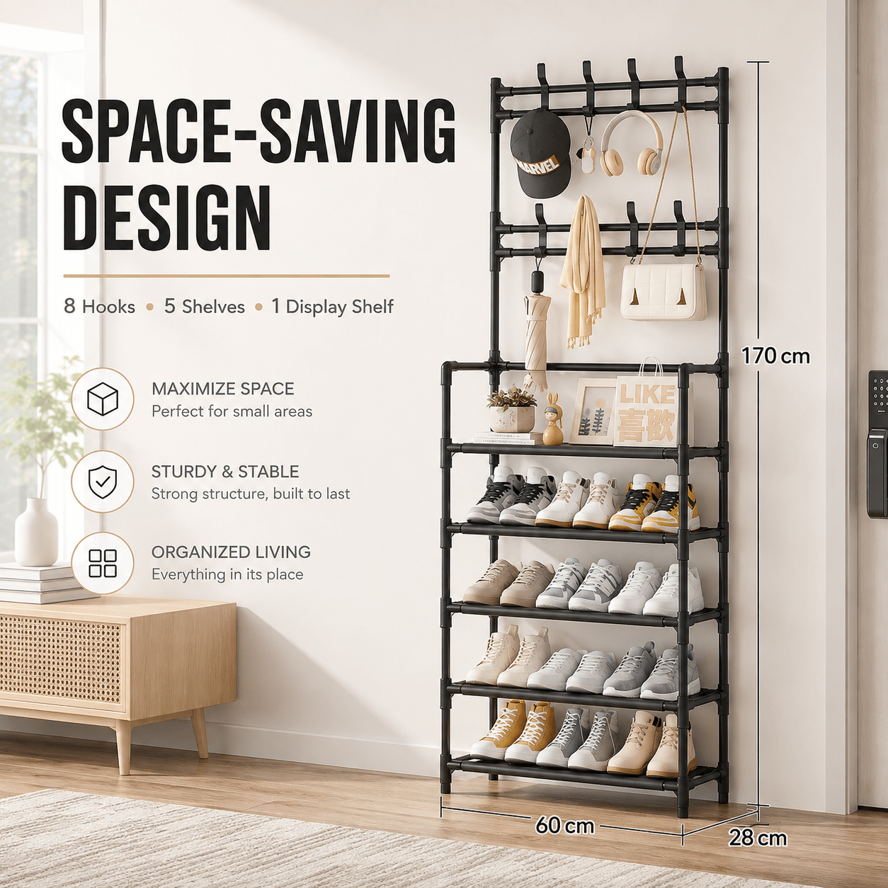 TEMU Portascarpe e Appendiabiti da 2 in 1, Scarpiera a 5 Ripiani con 8 Ganci, Organizer Multiuso 60 cm per Corridoio, Camera da Letto e Guardaroba