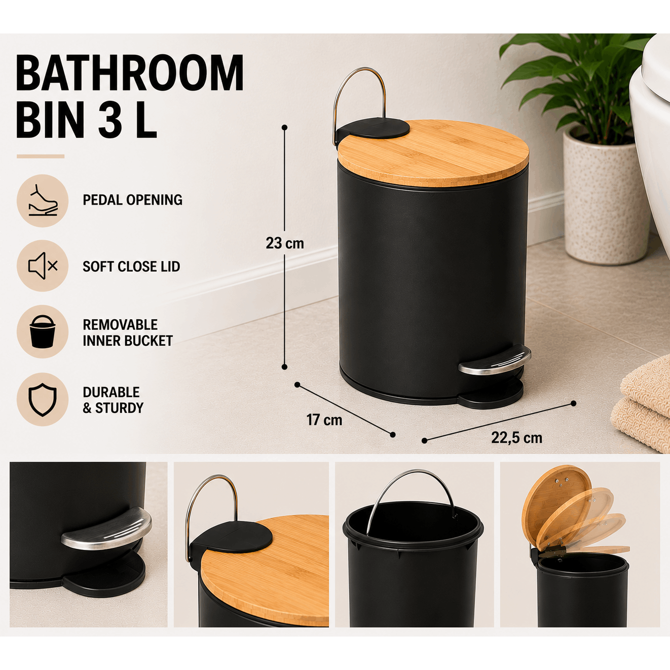 TEMU Poubelle de Salle de Bain 3 L – Métal Noir Charbon & Couvercle Bambou – Pédale, Fermeture Douce et Seau Amovible
