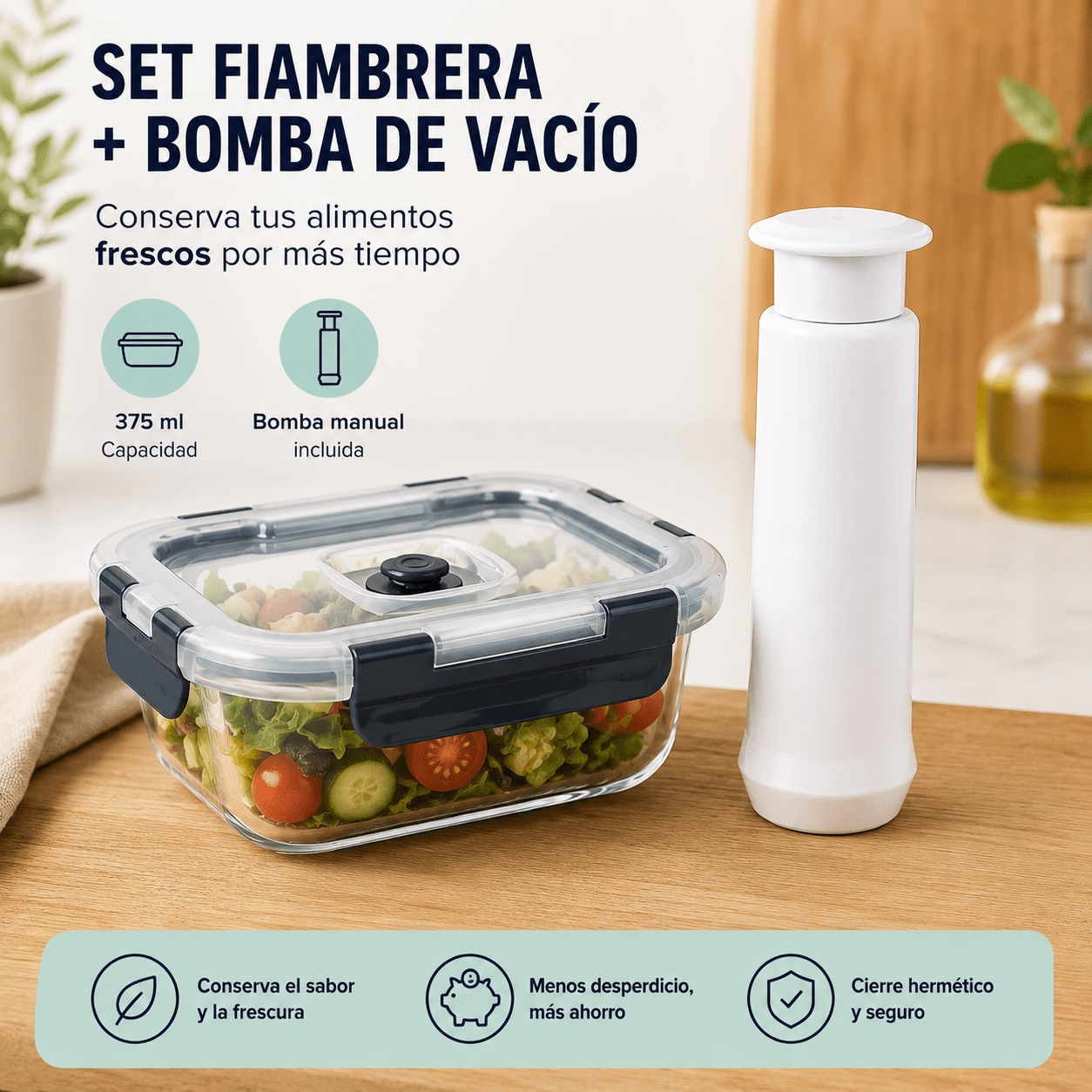 TEMU Set Fiambrera de Vidrio 375 ml con Bomba de Vacío Manual | Recipiente Hermético con Válvula y de Seguridad | Conservación al Vacío