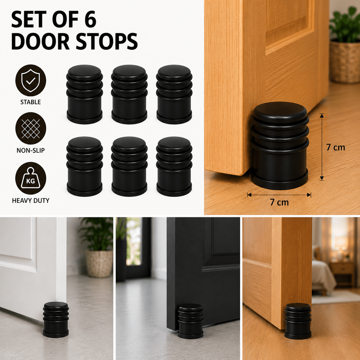 TEMU Set Of 6 Black Metal Door Stoppers – 7 X 7 X 7 Cm – Heavy, Stable, And Non-slip – Door Wedge For Home And Office