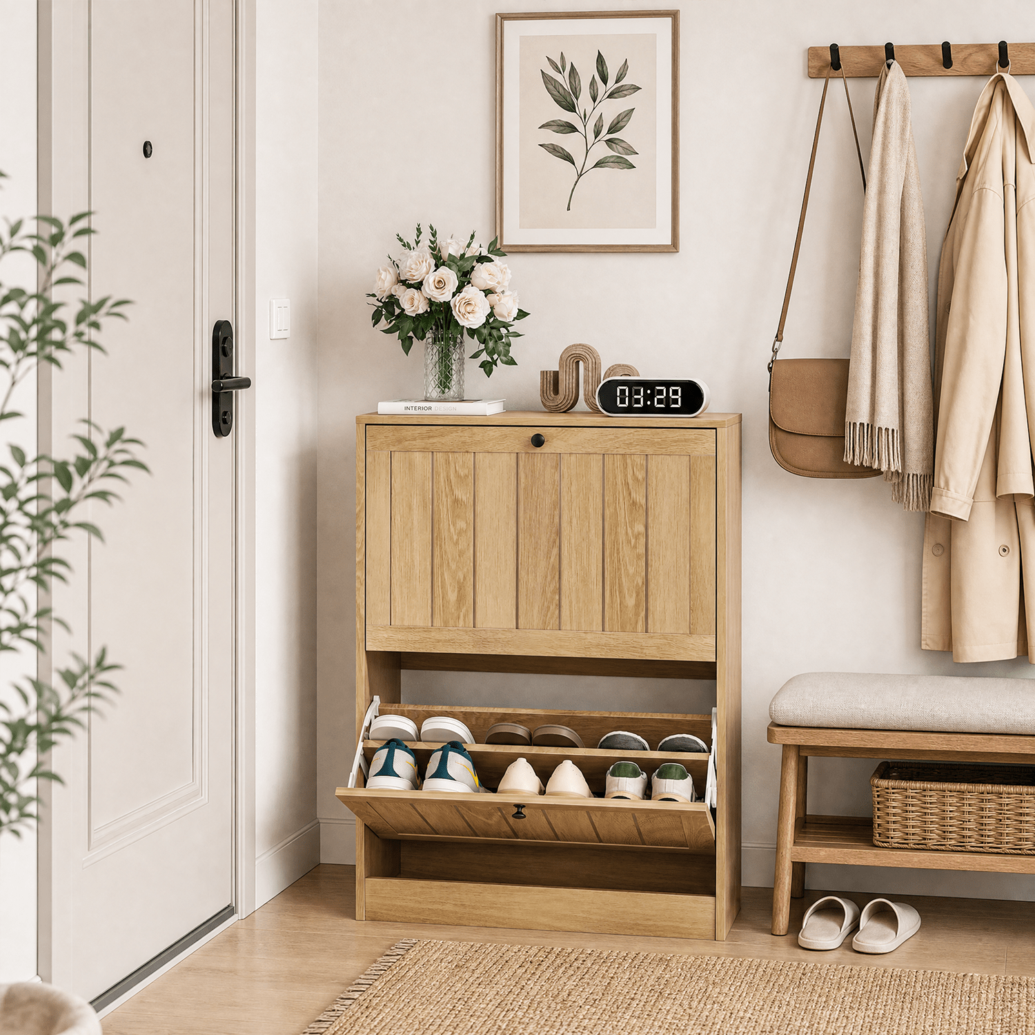 Image of Shoe Cabinet For Hallway, Narrow Shoe Dresser With 2 Flip Compartments, Wood-look Shoe Storage, Sturdy With Tilt Protection, For Apartment Entryway
