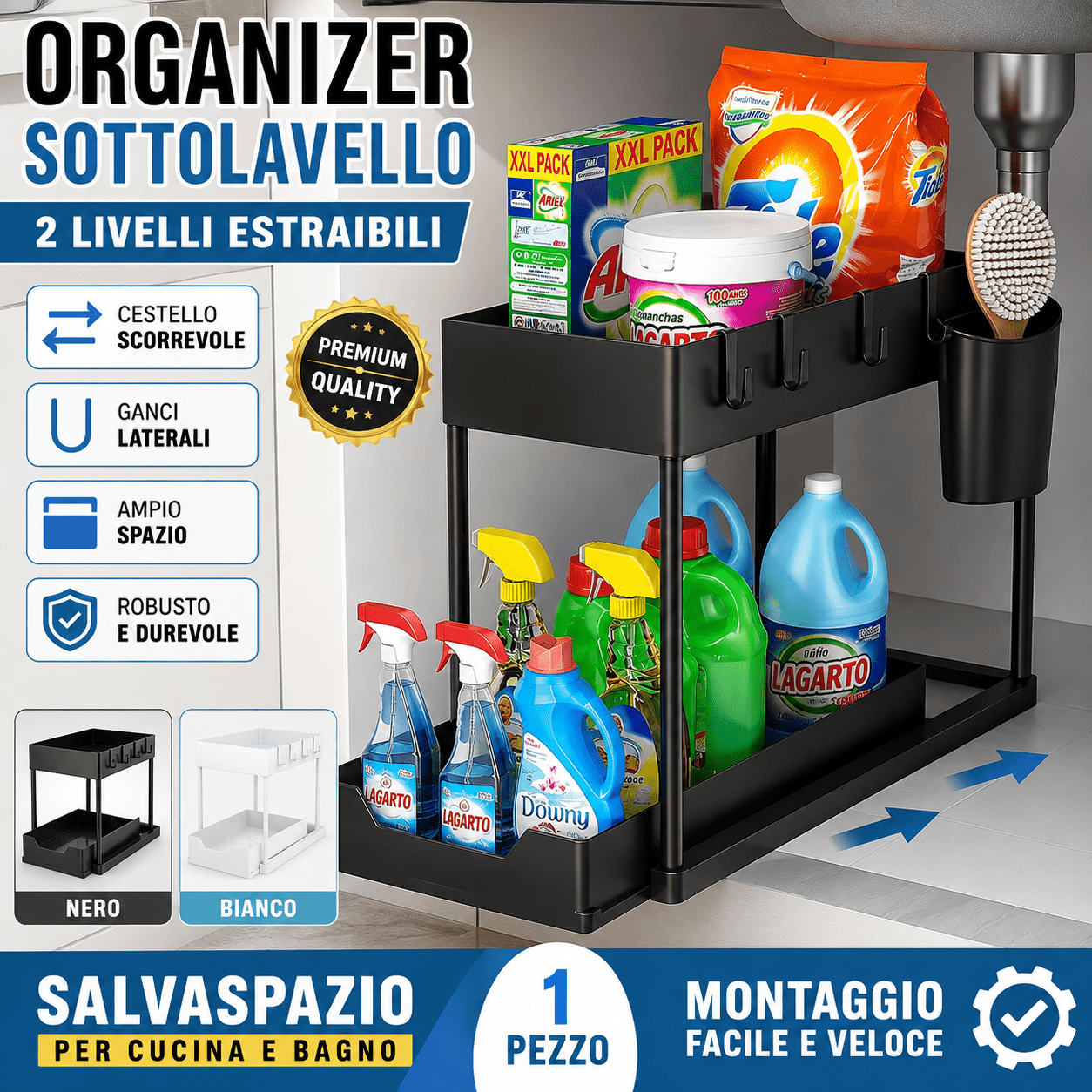 TEMU Organizer da Mobile Sottolavello con Estraibile, 2 Livelli con Ganci e Portaoggetti Laterale per Cucina, Bagno e Lavanderia