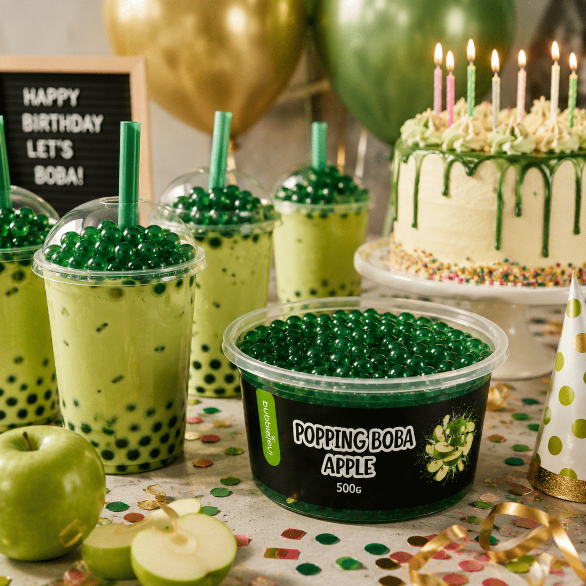 Image of Xxl Popping Boba Green Flavor Bursting Fruit Pearls With Real Extract For Bubble Tea, Smoothies, Desserts 500g
