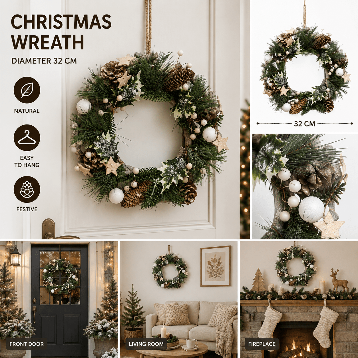TEMU Couronne de Noël Décorative 32 cm – Couronne en Bois avec Branches de Sapin, Pommes de Pin, Étoiles et Boules, Décoration de Porte Style Naturel