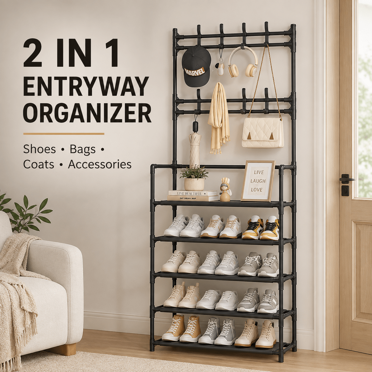 TEMU Étagère à Chaussures 5 Niveaux avec Porte-Manteau et 8 Crochets, Meuble de Rangement Multifonction Noir pour Chaussures, Manteaux, Sacs et