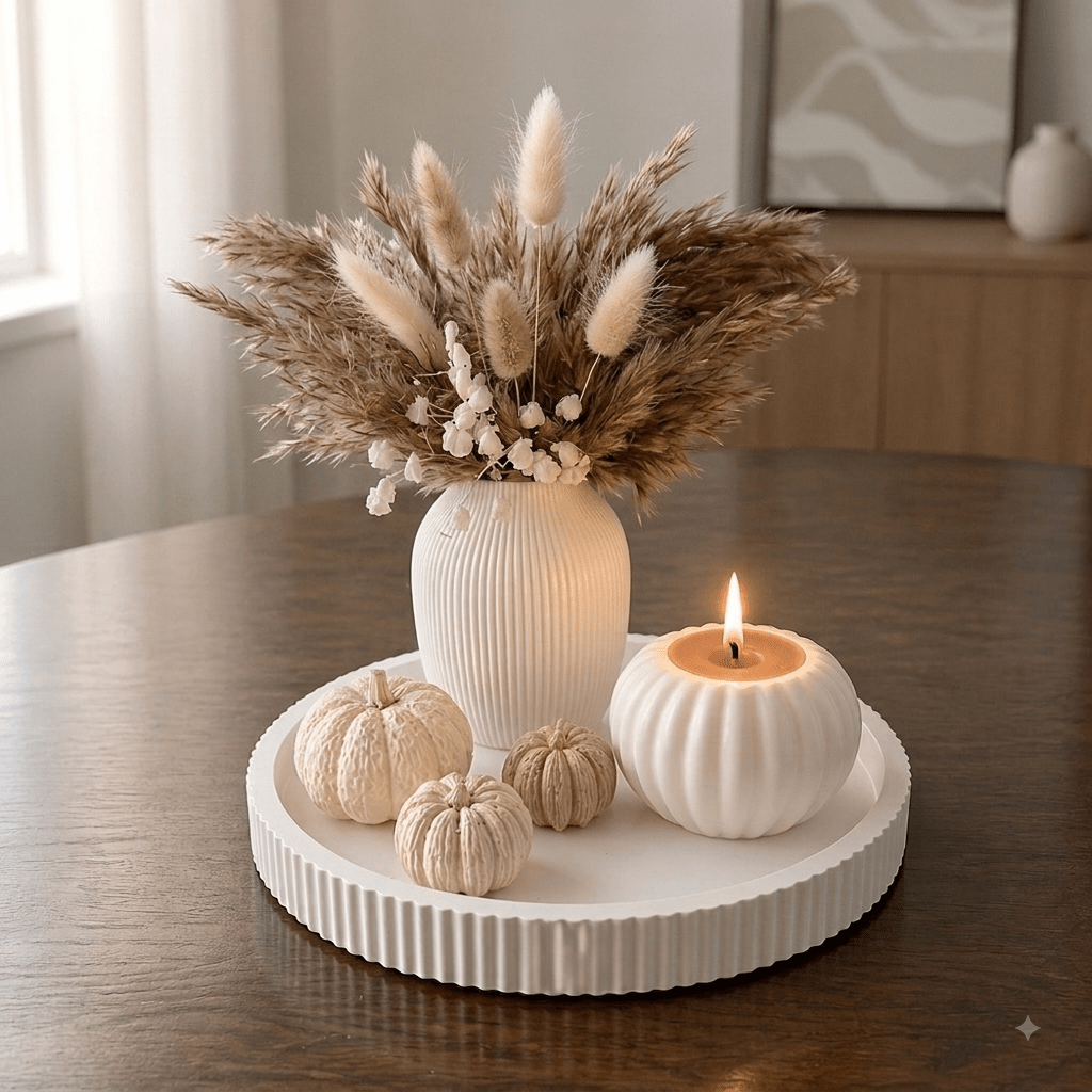 Image of Premium Autumn Decor Set Boho – Fluted Tray With Pumpkin Candle, Vase, Dried Flowers & Decorative Pumpkins (handmade Cast Ceramic)