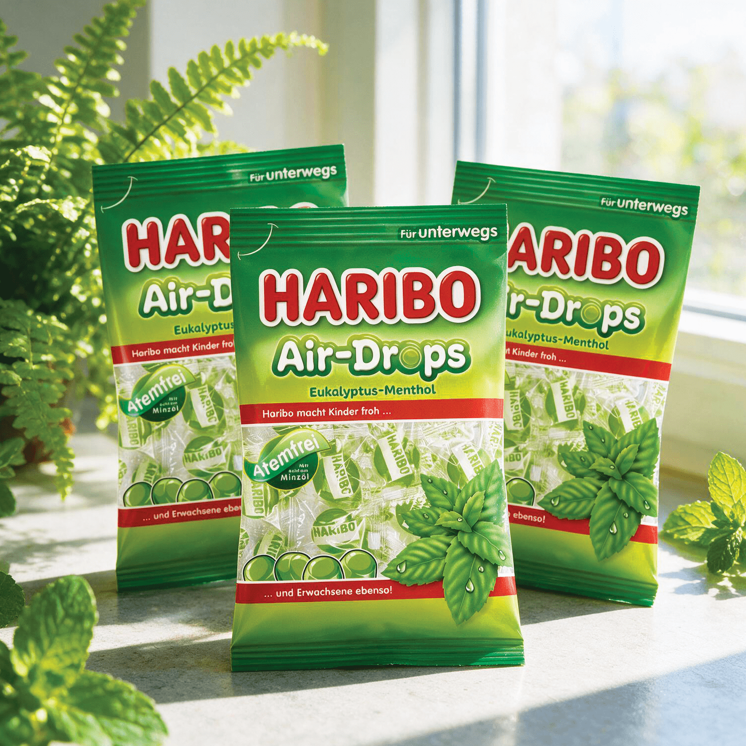 Image of 3rd Pack Haribo Air-drops Euka-menthol – Fruit Gum Candies With Mint Oil 3x100g