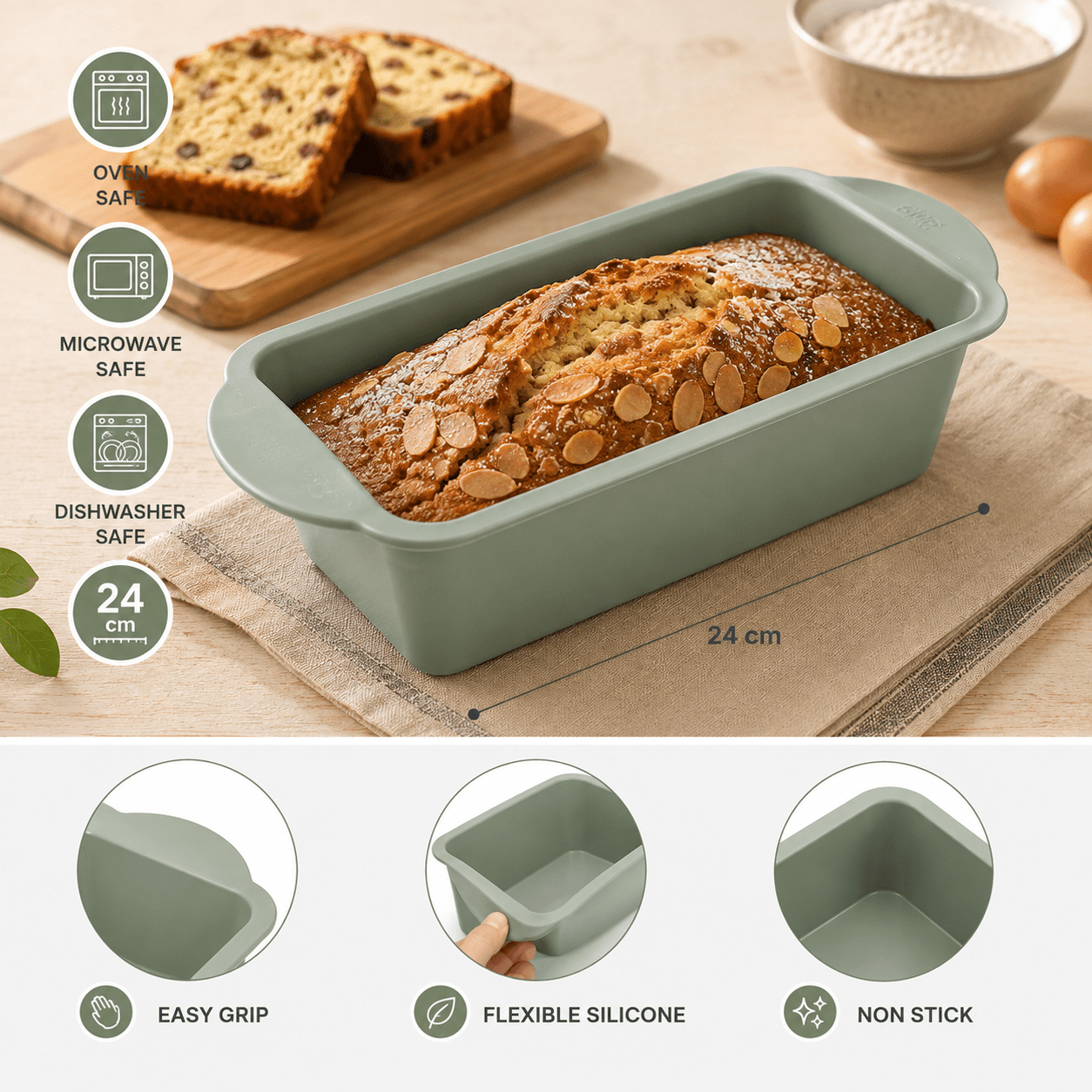 Image of Rectangular Cake Mold 24 Cm In Silicone With Handles - Soft Reusable Cooking Mold For Cakes And Home Preparations
