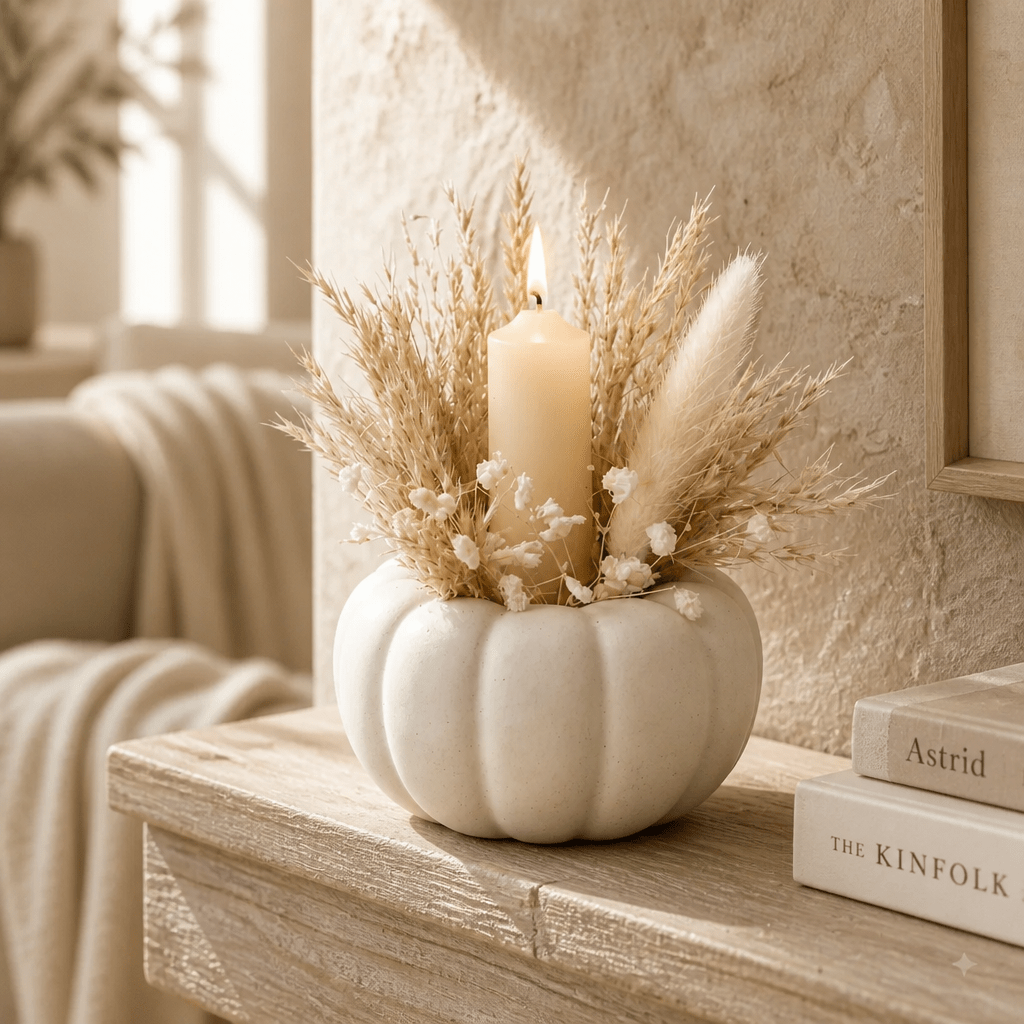 Image of Handmade Pumpkin Candle Holder With Real Dried Flowers & Candle – Boho Autumn Decor Set