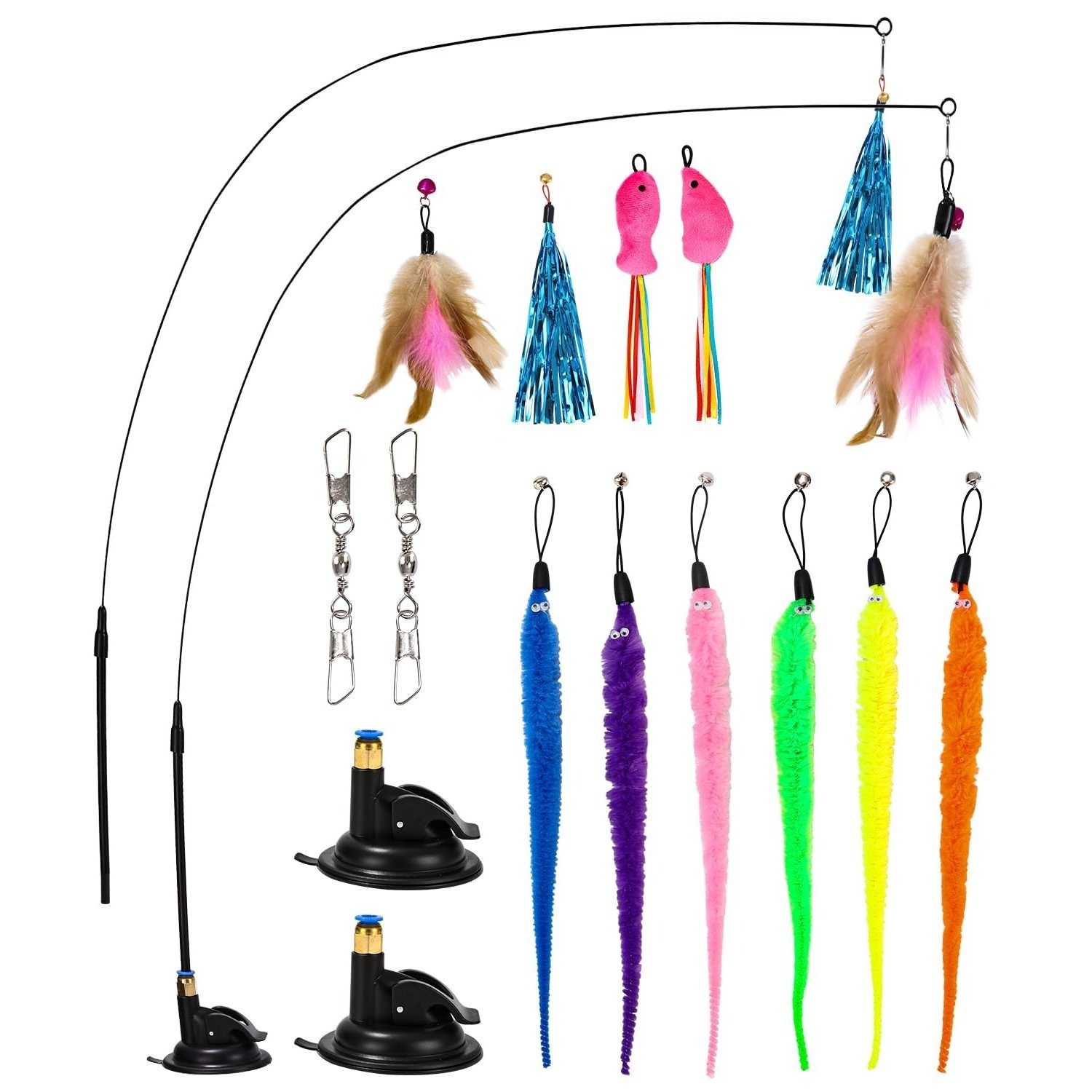 Image of 16‑pcs Cat Teaser Toy Set, Manual & Suction Cat Wand Toy Refills, Elastic Steel Wire Cat Fishing Toy For Indoor Cats Exercise Play