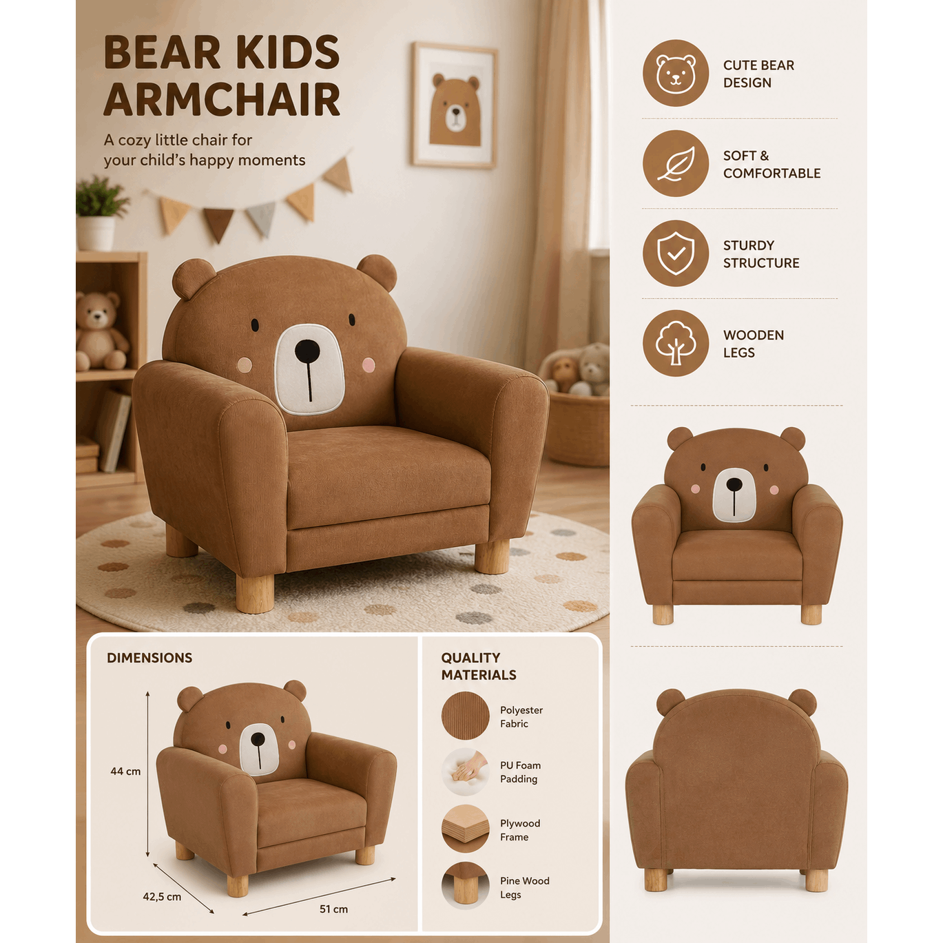 Image of Child Bear Brown Armchair - Small Polyester Upholstered Armchair With Pine Legs - Comfortable Seat For Children's Room - 51 X 42.5 X 44 Cm