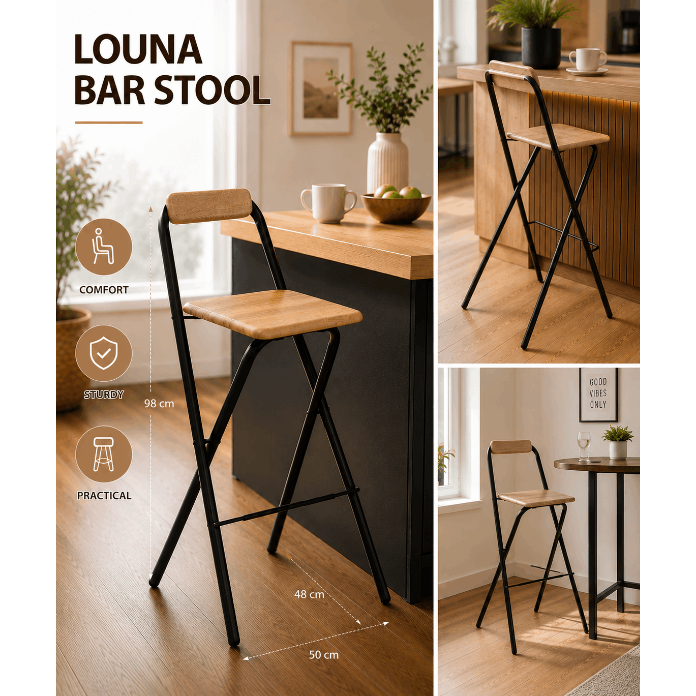Image of Louna Stool – Black With Wood-effect Seat – Seat Height 75 Cm –