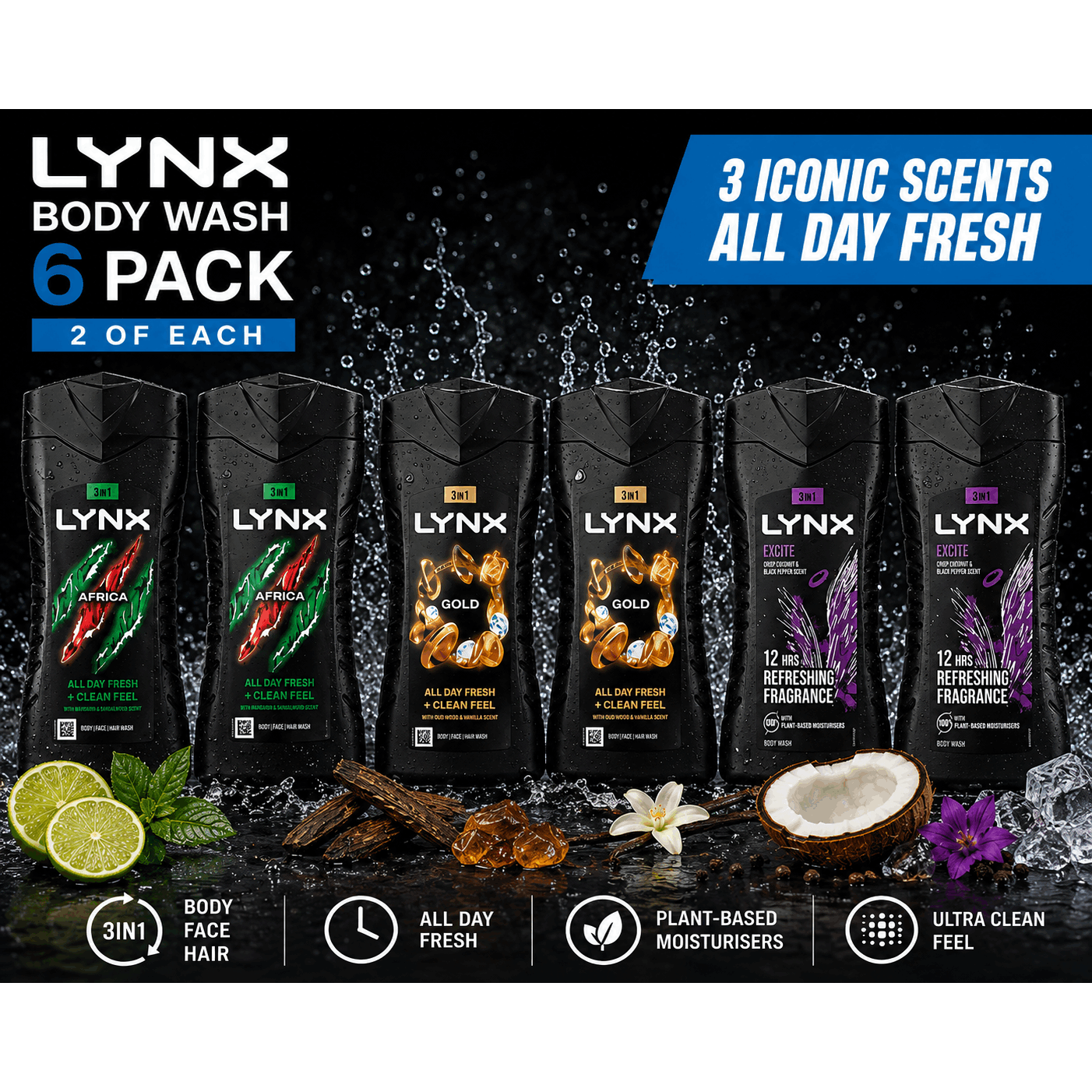TEMU Lynx 3-in-1 Body Wash 6 Pack – 2x Africa, 2x Gold & 2x | Body, Wash