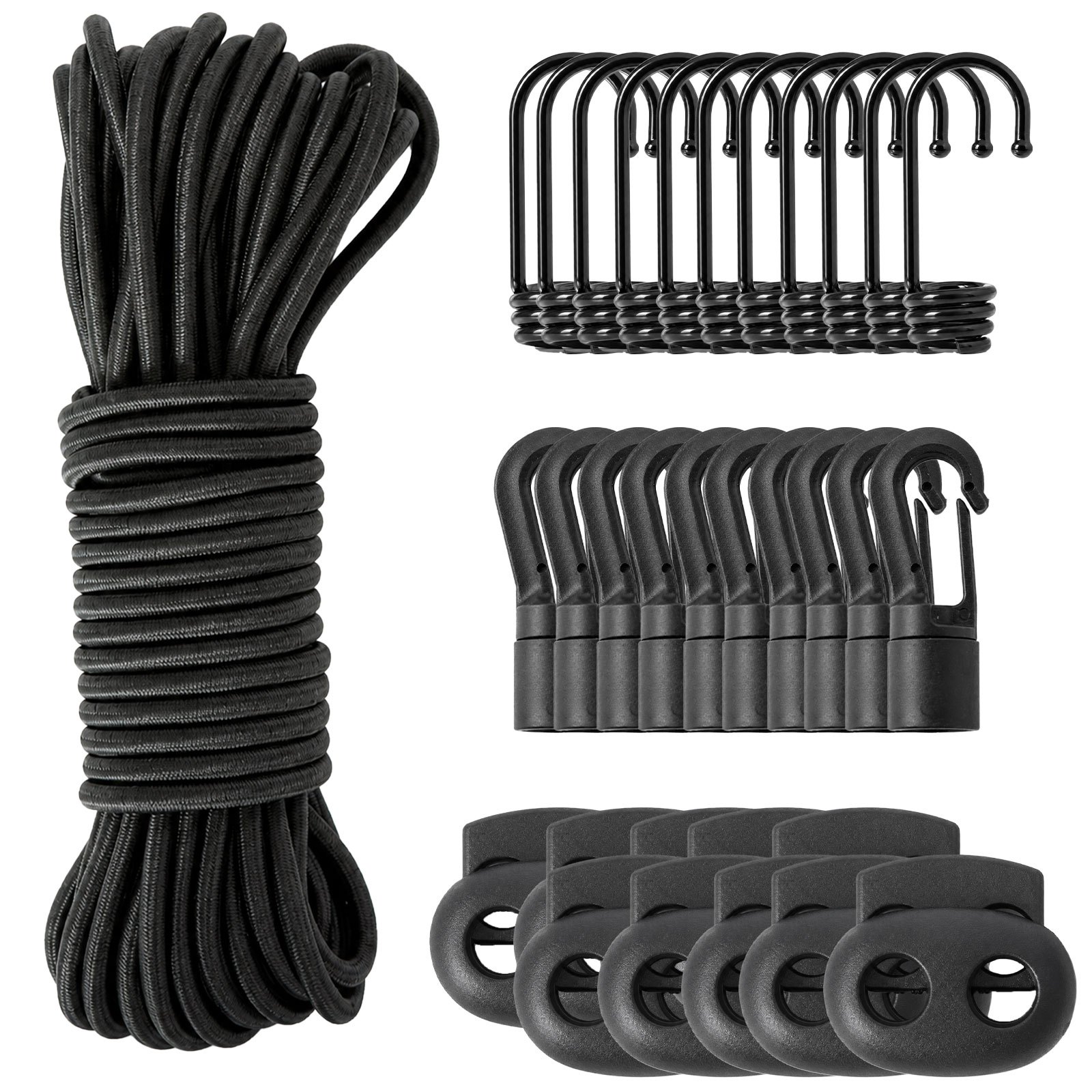 TEMU Kit de Cuerda Elástica de 15 m x 7 mm con 30 Accesorios, Cordón Tensor Recortable y Reutilizable para Baca, Cofre de Techo, Coche, Camping y