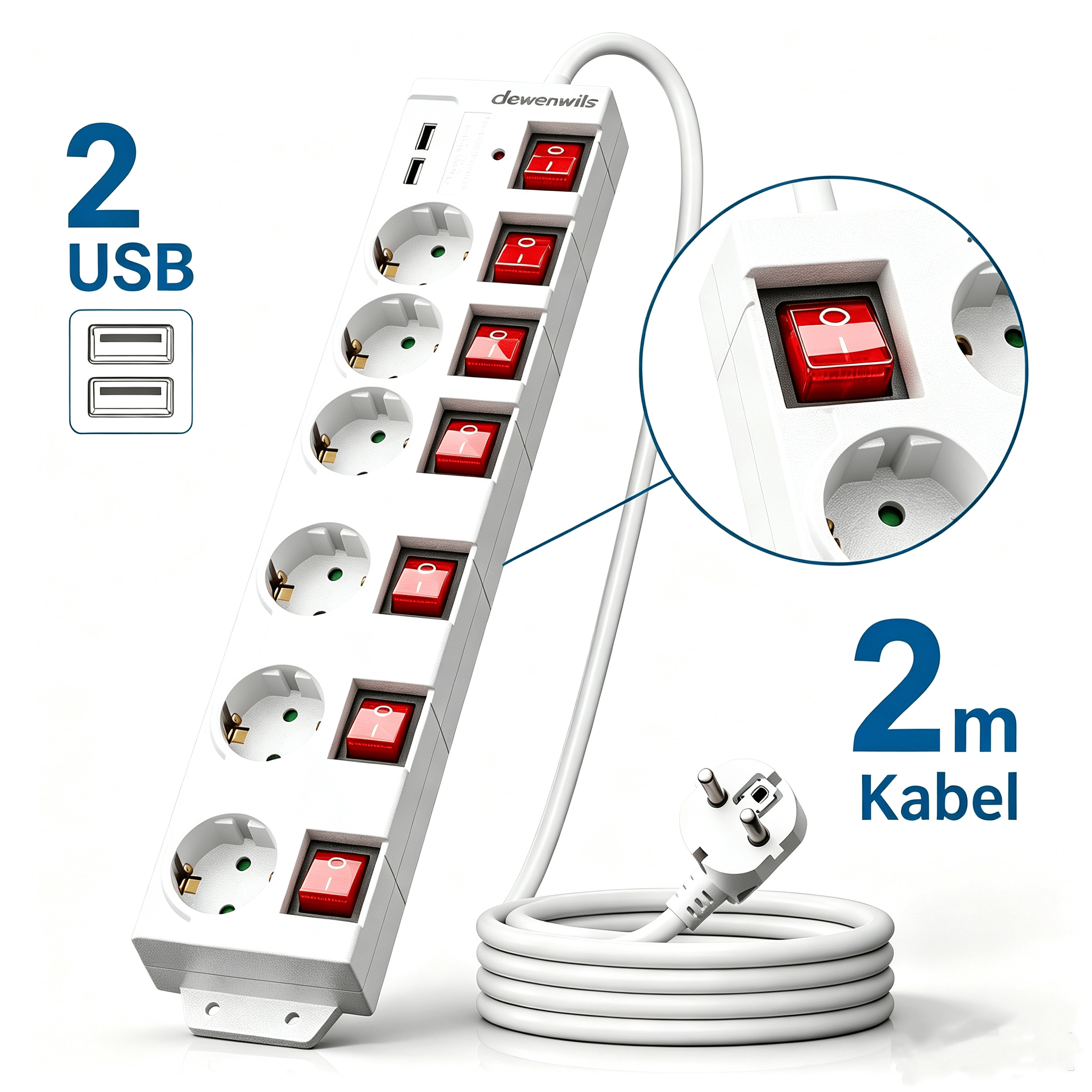 Single-switch Power Strip With Usb, 6-outlet Power Strip With Switch, Multi-socket Outlet With Protection, Child Safety Lock, 90° Rotated, 2m, White